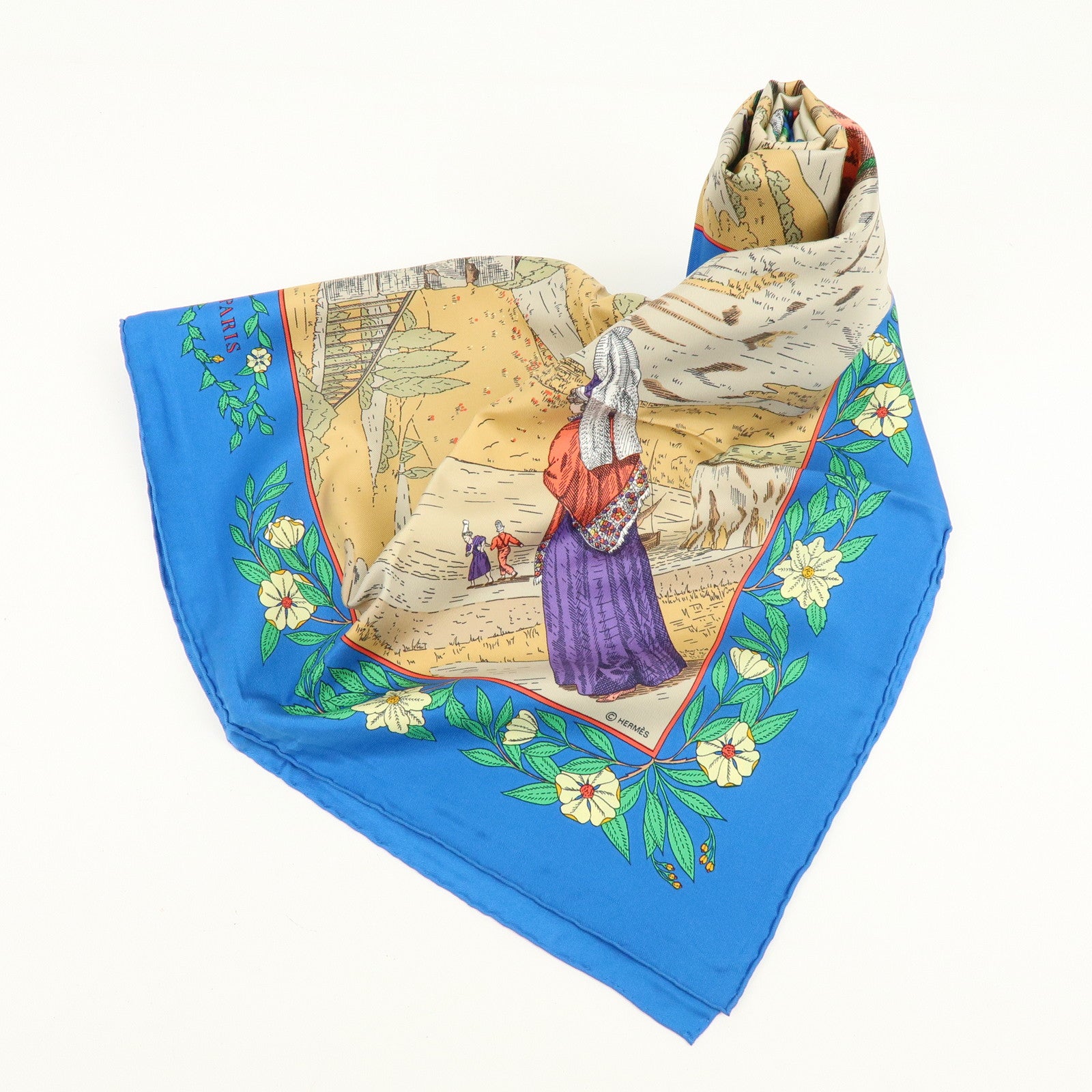 HERMES Carre 90 Silk 100% Scarf COSTUMES DES DEPARTEMENTS Blue