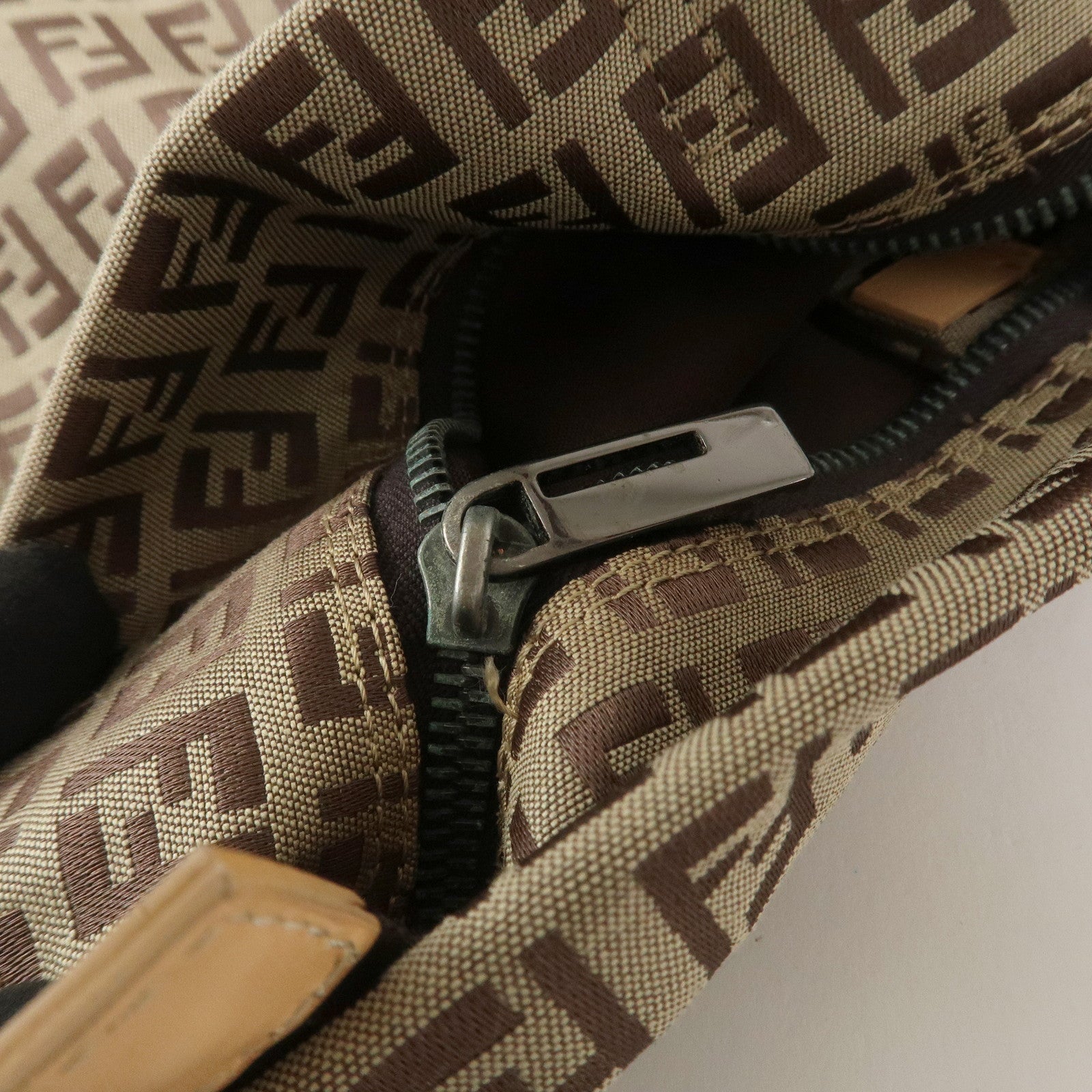 FENDI Zucchino Canvas Leather Tote Bag Shoulder Bag Brown 8BH026