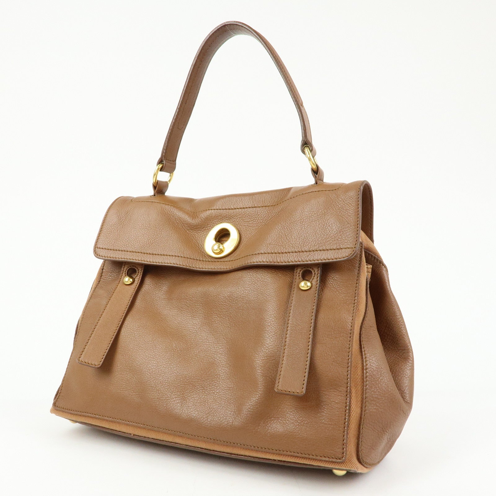 SAINT LAURENT PARIS Muse Two Leather Canvas Hand Bag Brown 229680
