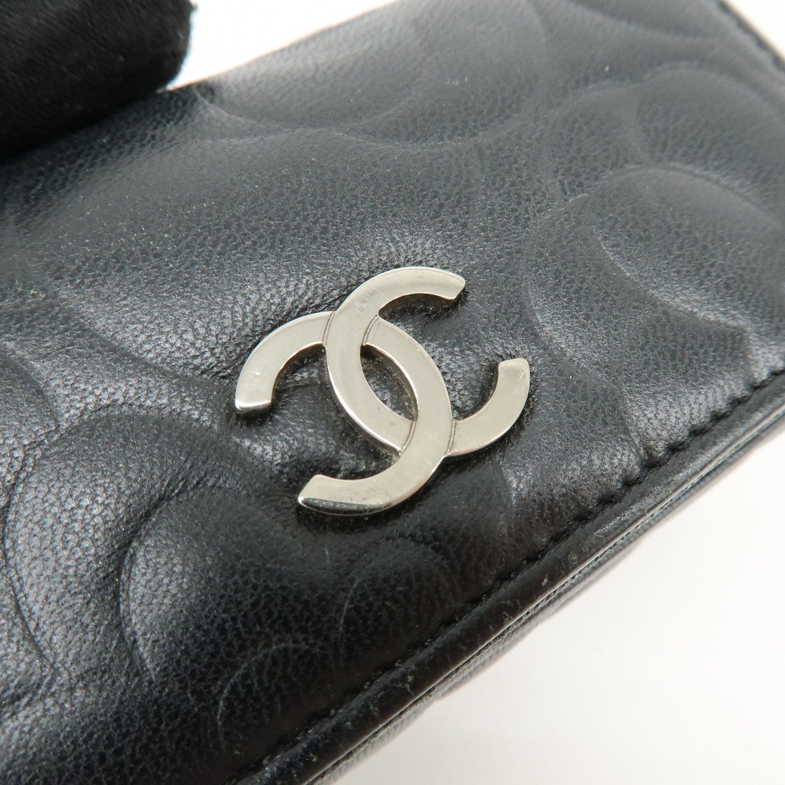 CHANEL Camelia Lamb Skin Leather Key Case Key Holder Black
