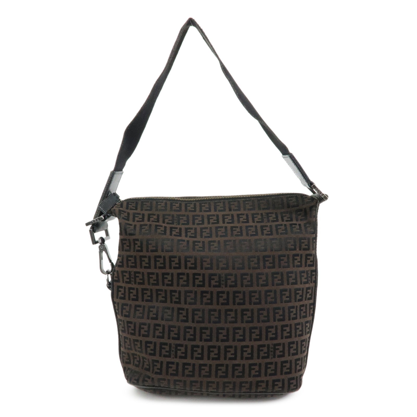 FENDI Zucchino Canvas Leather Shoulder Bag Brown Black 7VA004