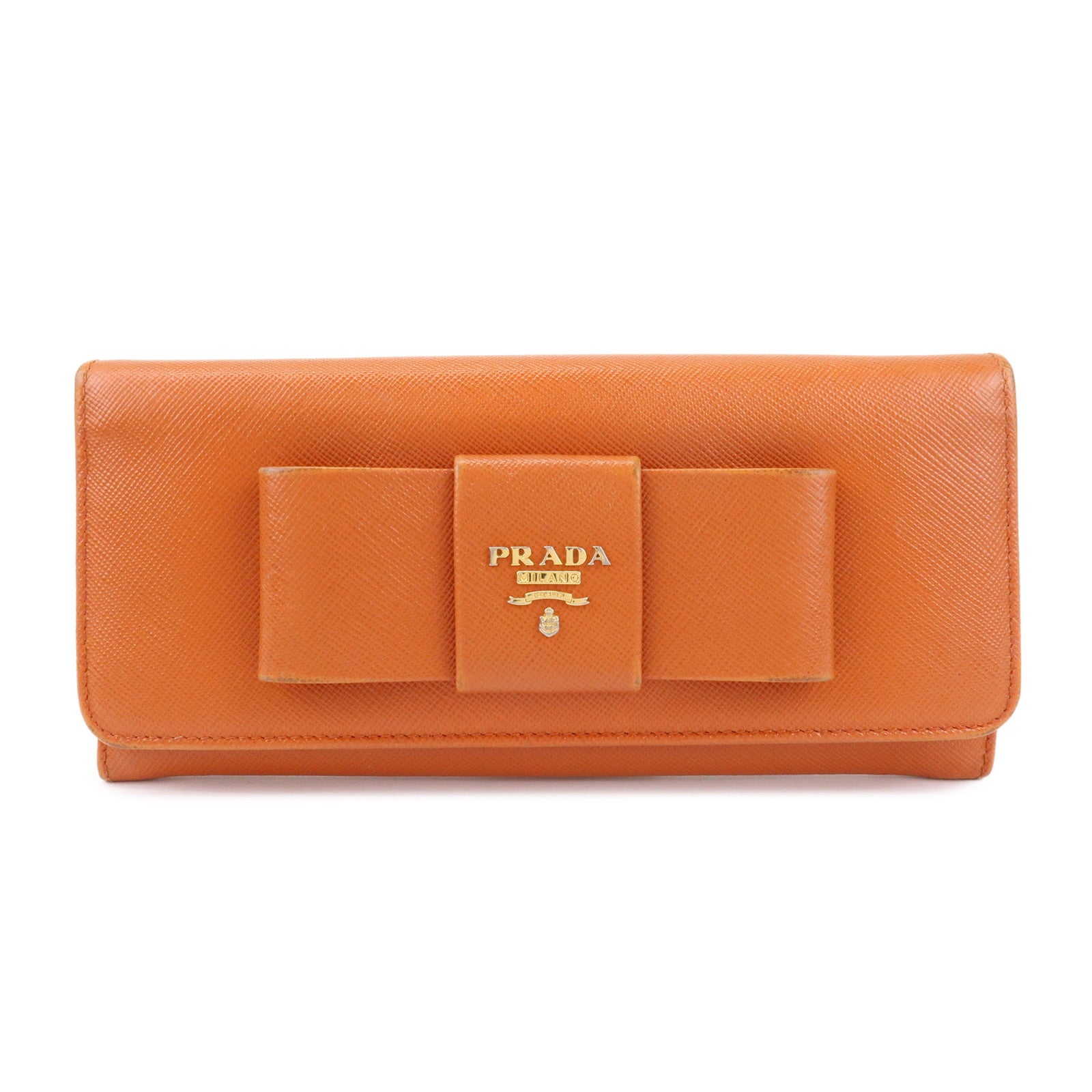 PRADA Saffiano Leather Ribbon Flap Long Wallet Orange 1M1132