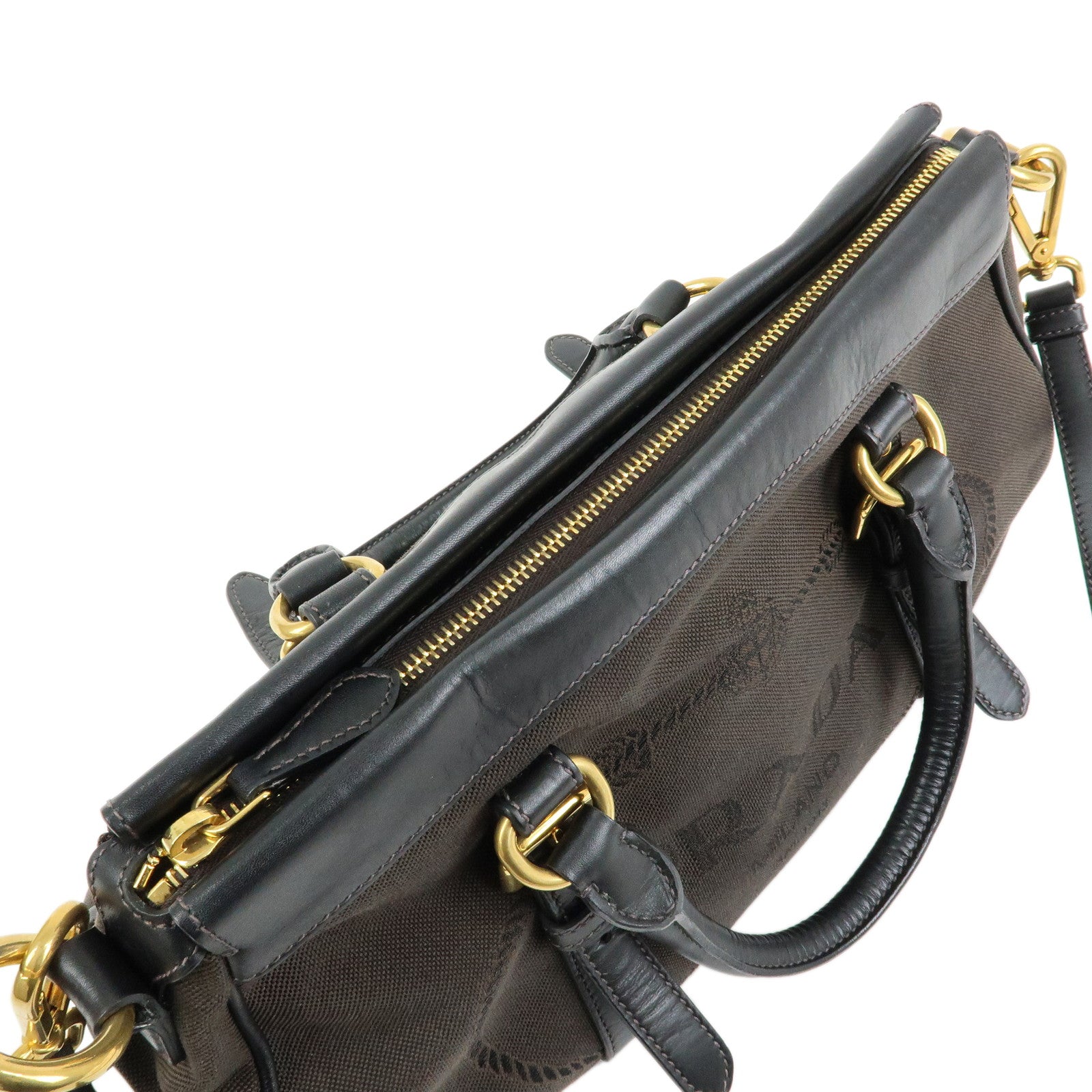 PRADA Logo Jacguard Leather 2Way Bag Hand Bag Shoulder Bag Brown