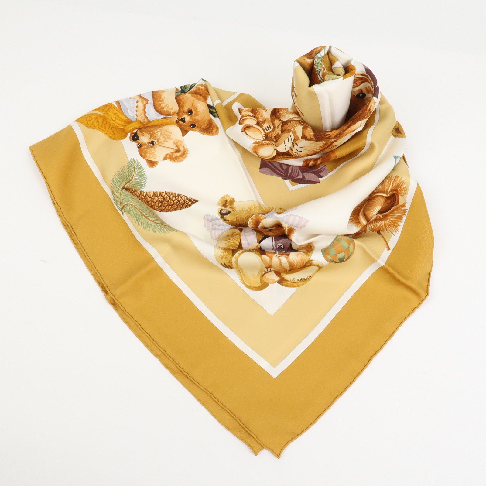 HERMES Carre 90 Silk 100% Scarf Confidents des Coeurs Brown White