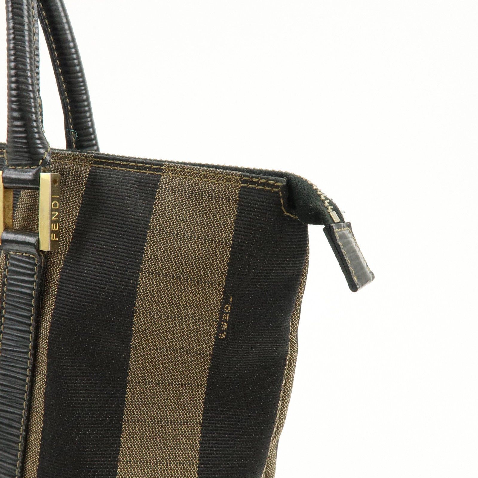 FENDI Pequin Canvas Leather Hand Bag Tote Bag Brown Black