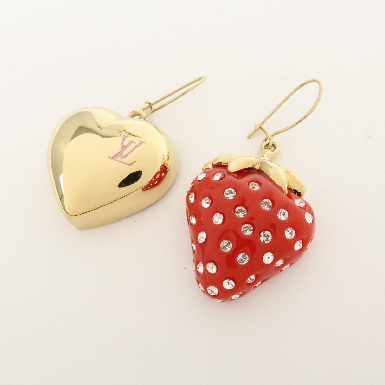 Louis Vuitton Metal Rhinestone Strawberry Earrings Gold Red M64922