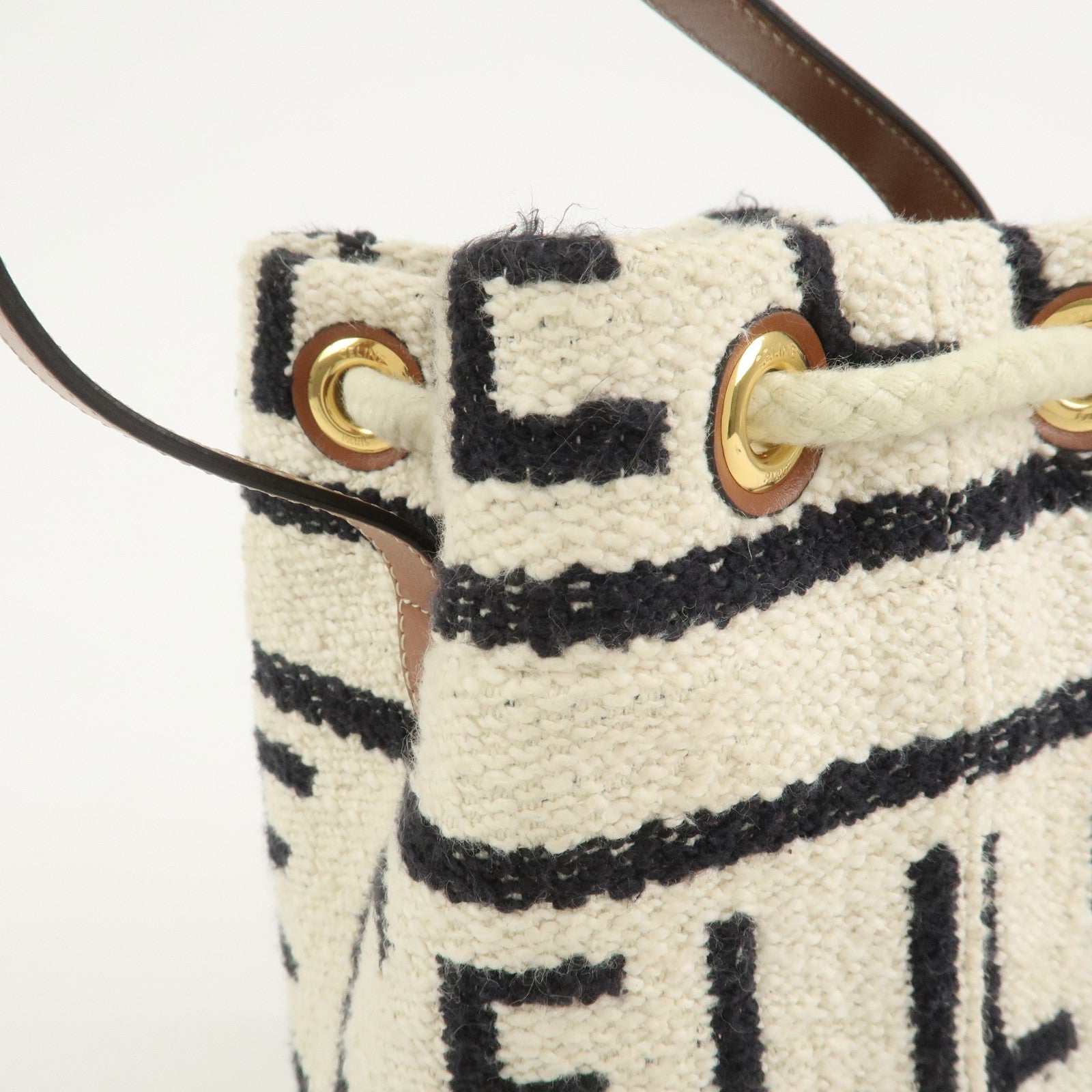 CELINE Teen Drawstring Canvas Leather Hand Bag Natural Brown