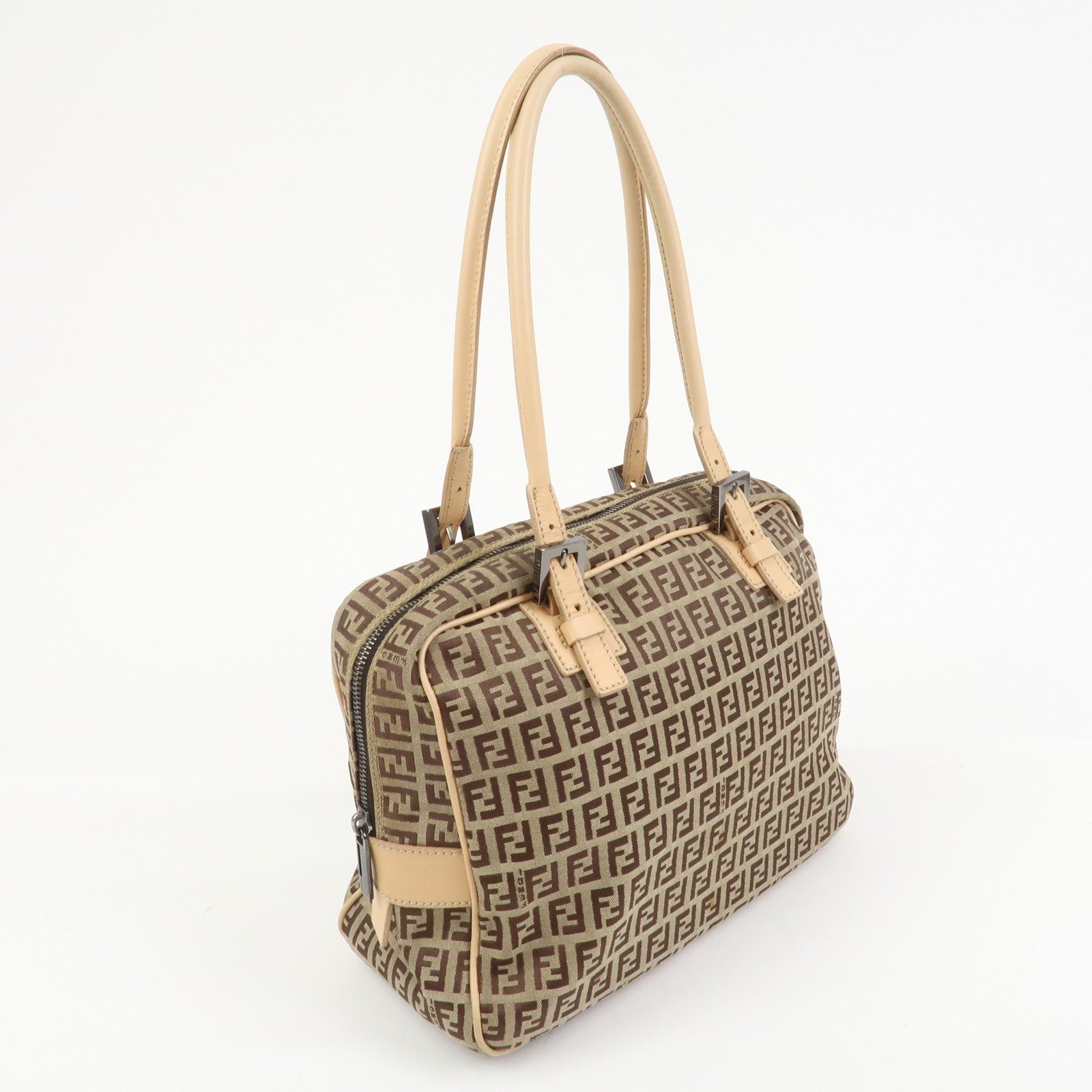 FENDI Zucchino Canvas Leather Hand Bag Shoulder Bag Beige 8BN005