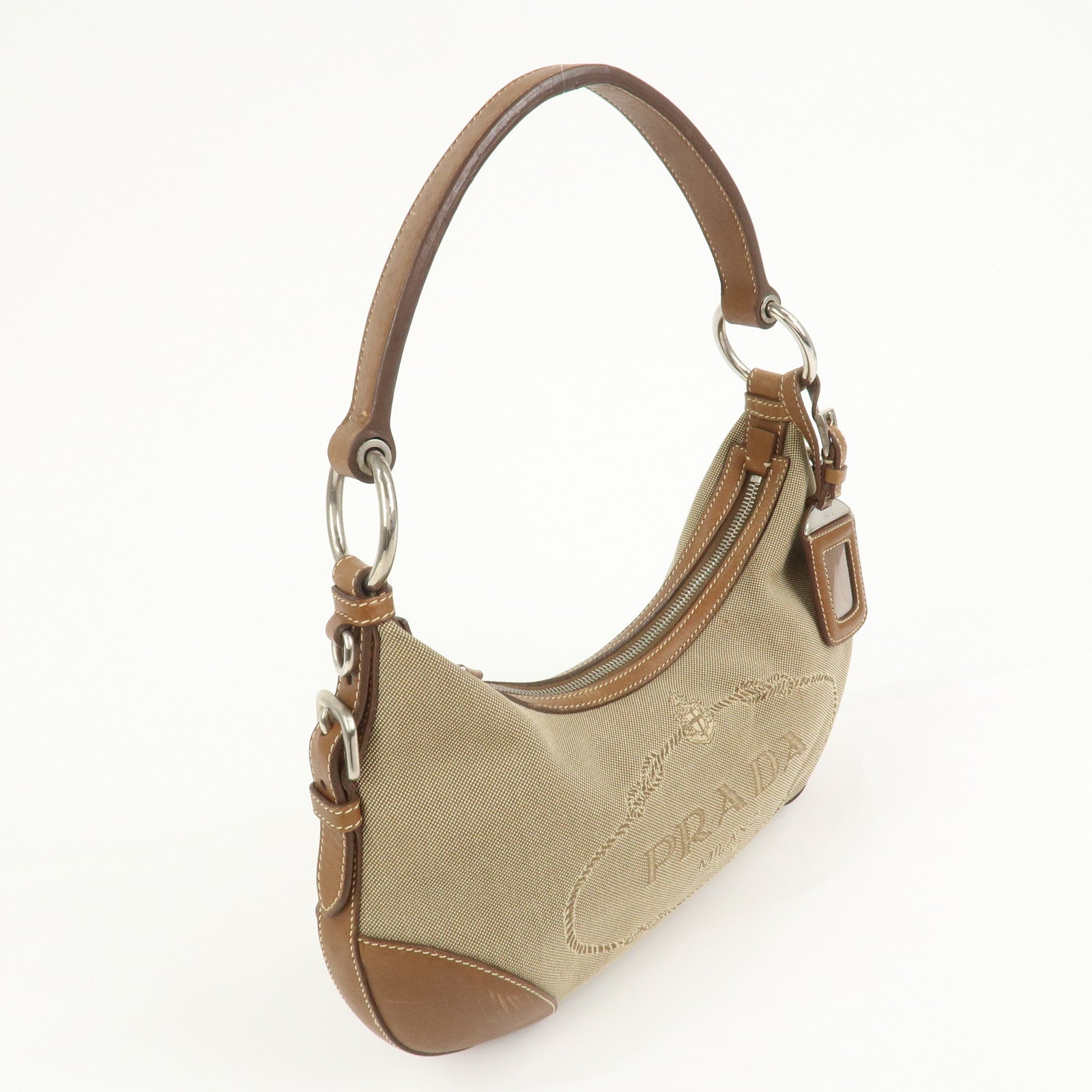PRADA Logo Jacquard Leather Shoulder Bag Beige Brown BR3429