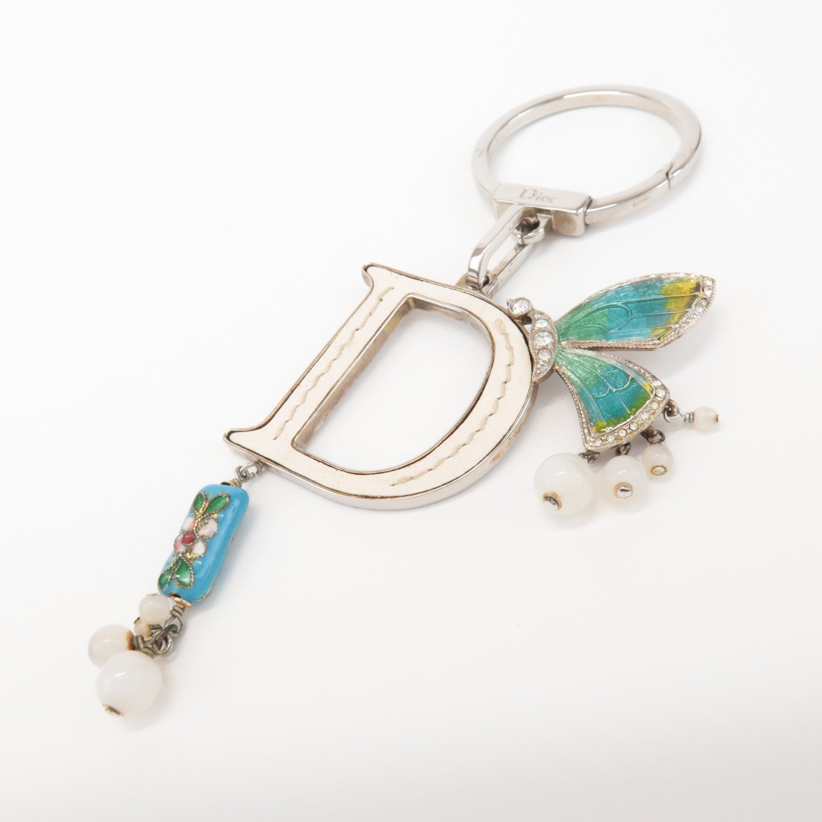 Christian Dior Metal Leather Butterfly Bag Charm Key Chain White