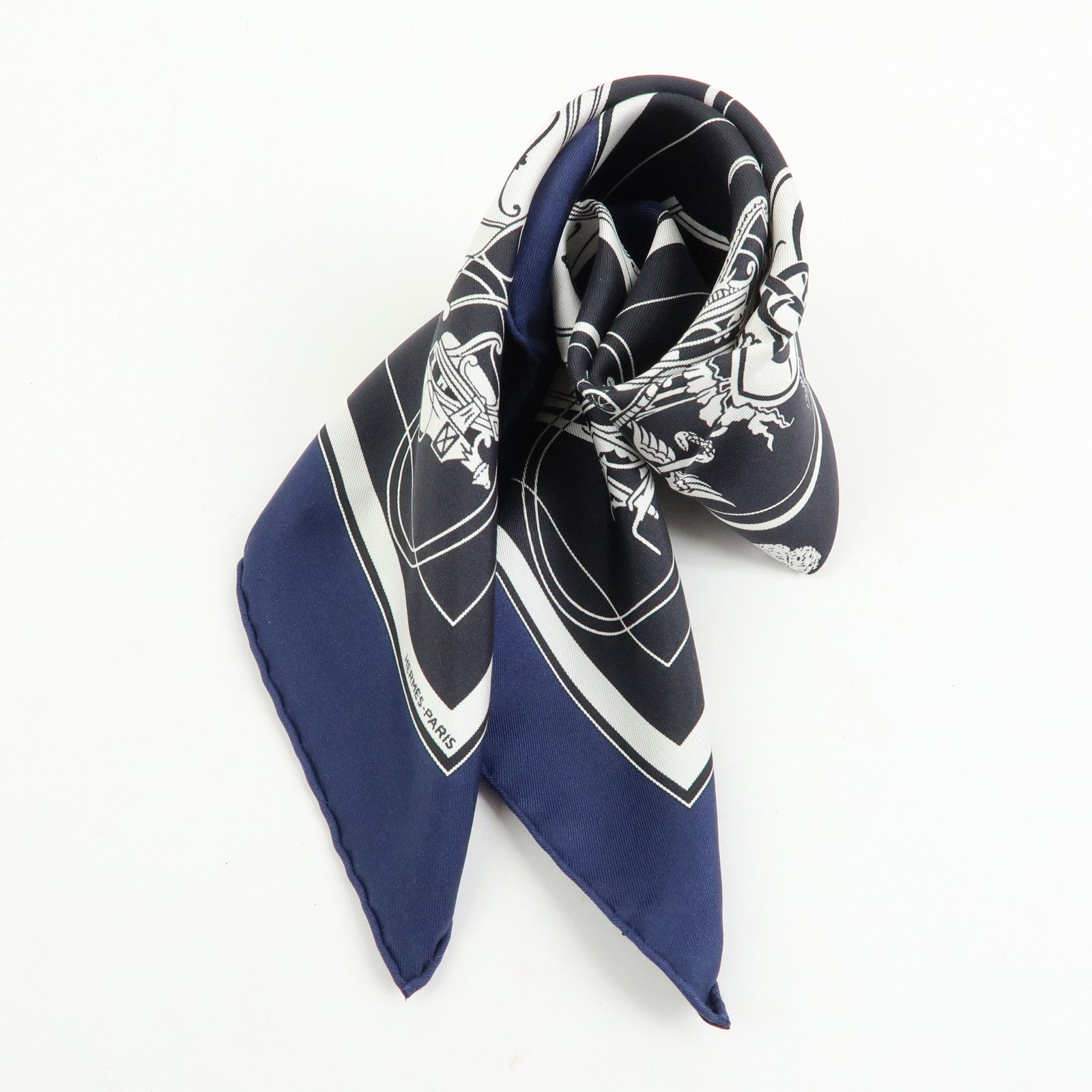 HERMES Carre 42 Silk 100% Ex-Libris Fringe Scarf Black Navy