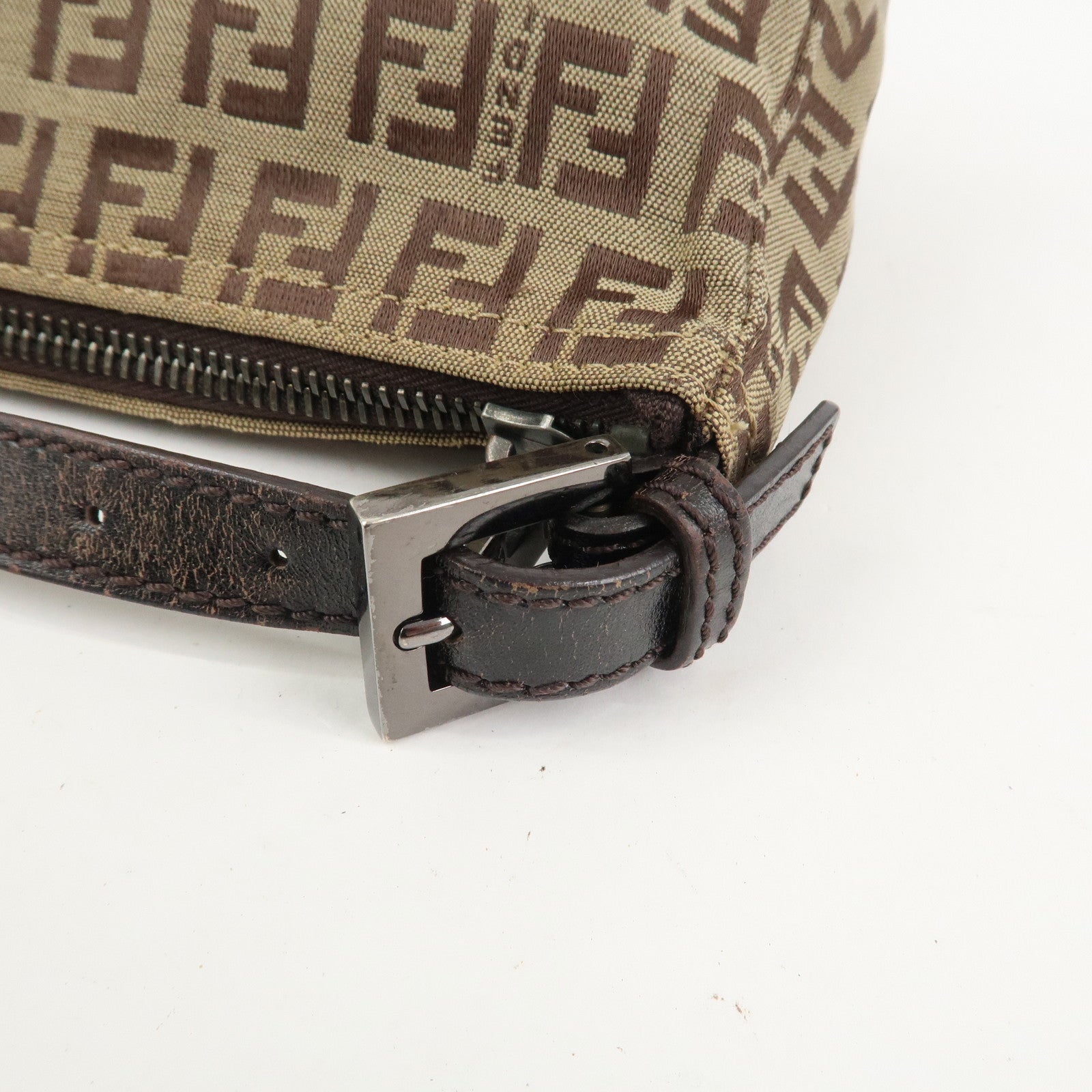 FENDI Zucchino Canvas Leather Hand Bag Pouch Bag Brown 8N0001