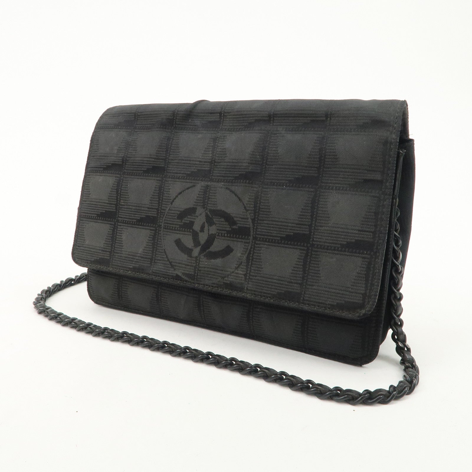 Chanel New Travel Line Nylon Jacquard Leather Chain Wallet Black A15772 Used