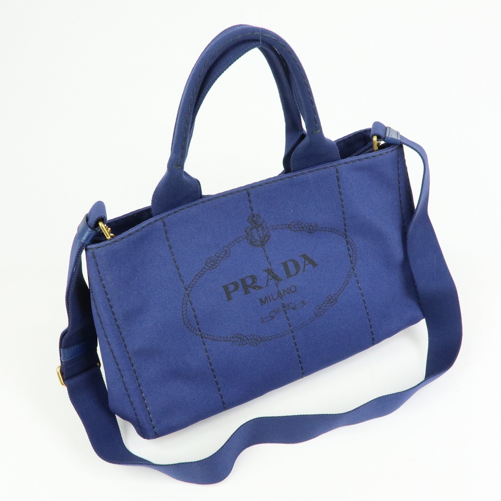 PRADA Triangle Logo Canapa Canvas 2Way Tote Hand Bag Blue BN2642