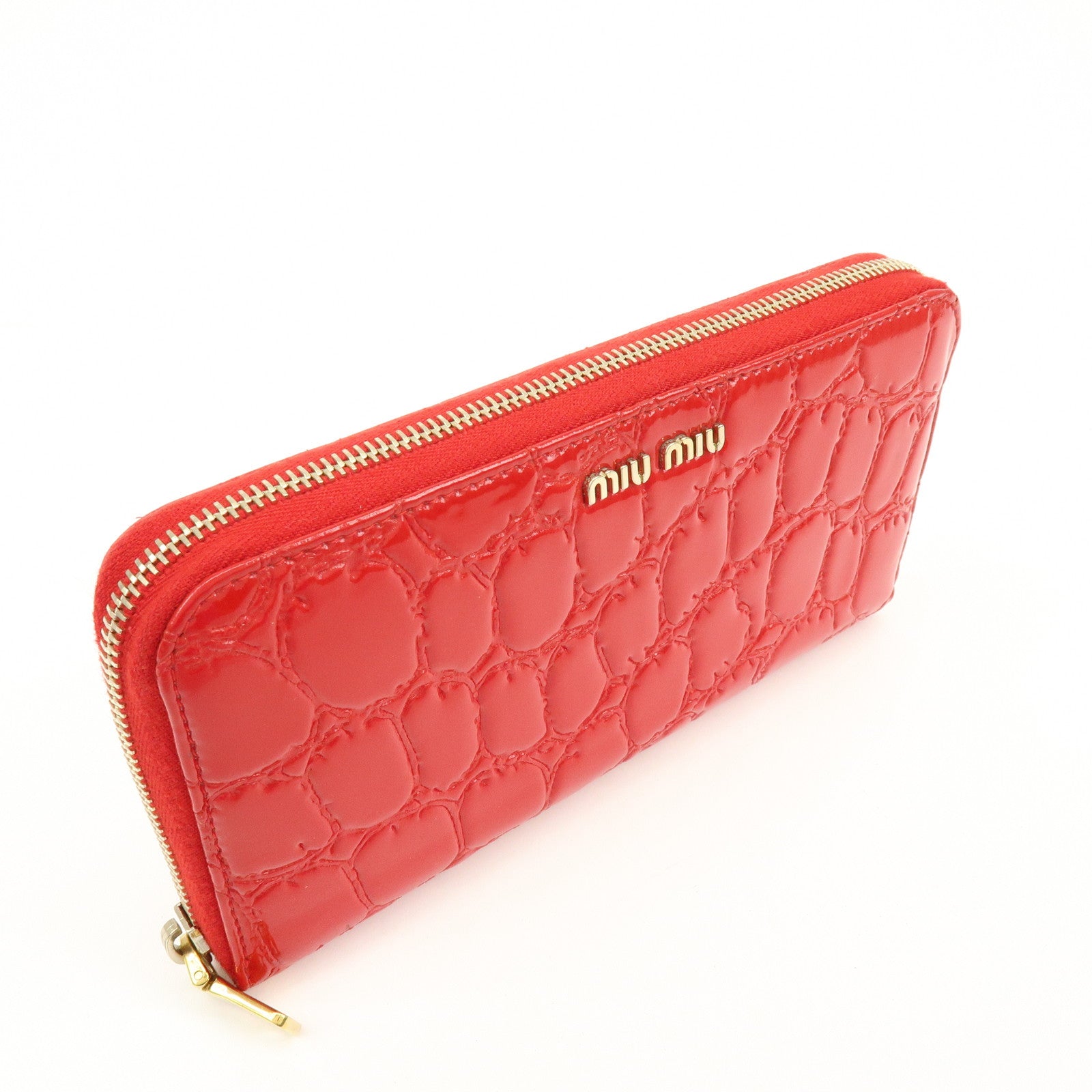MIU MIU Patent Embossed Leather Round Zippy Long Wallet Red 5ML506
