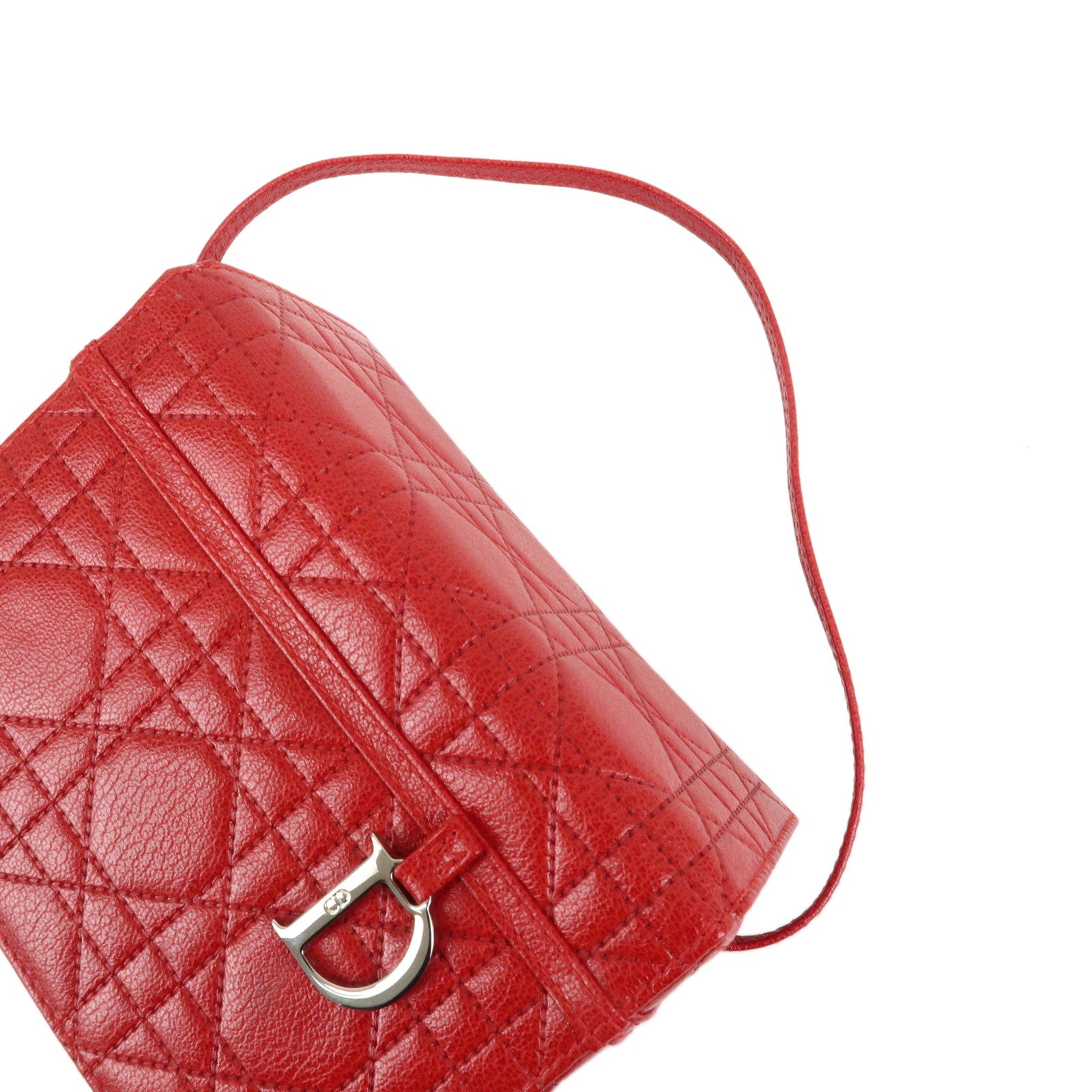 Christian Dior Cannage Leather Vanity Bag Hand Bag Red Silver HDW Used