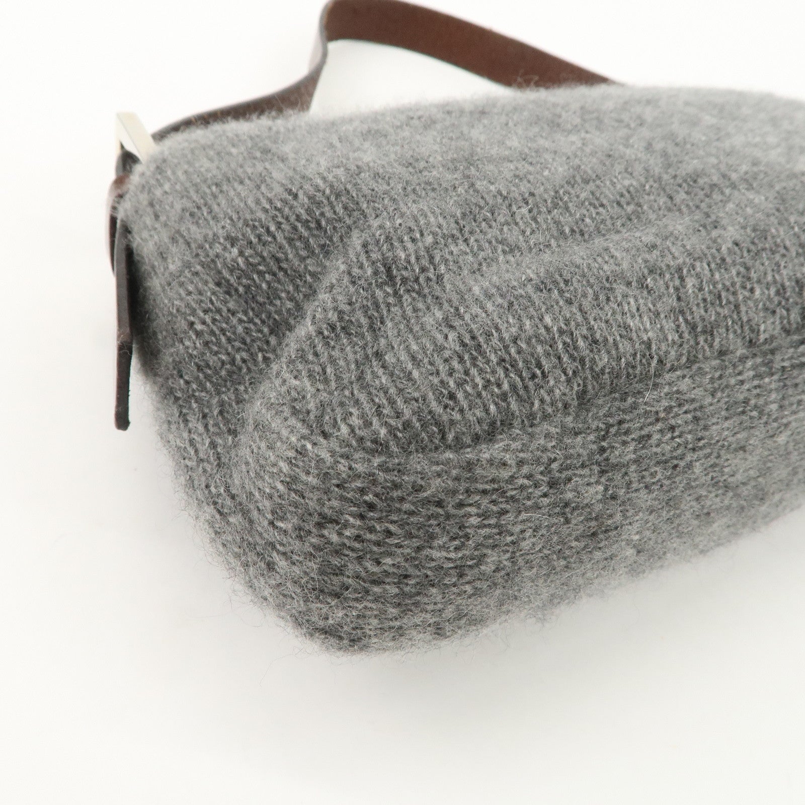 FENDI Mamma Baguette Wool Leather Shoulder Bag Brown Gray 26424