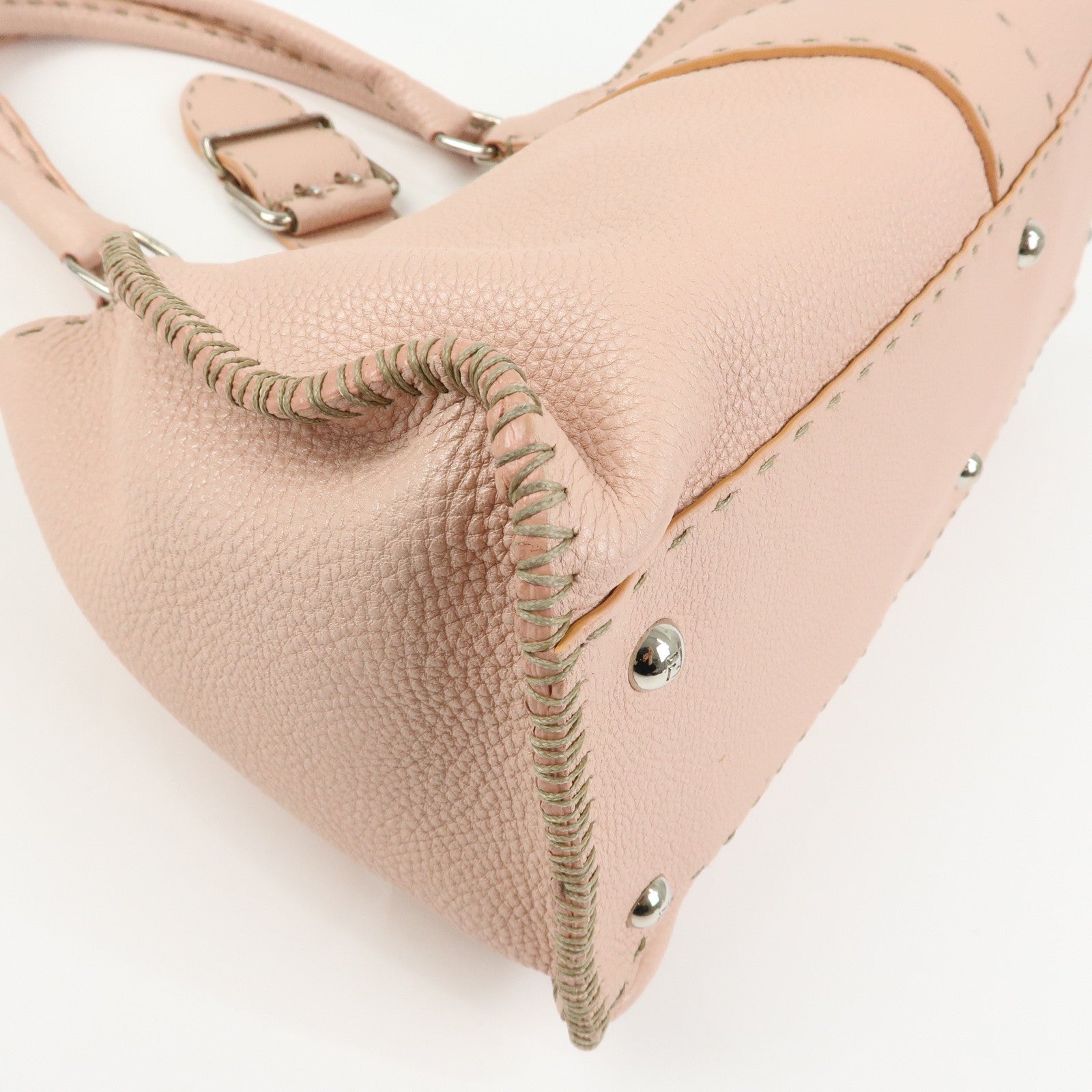 FENDI Selleria Stitches Leather Tote Bag Hand Bag Pink 8BR457