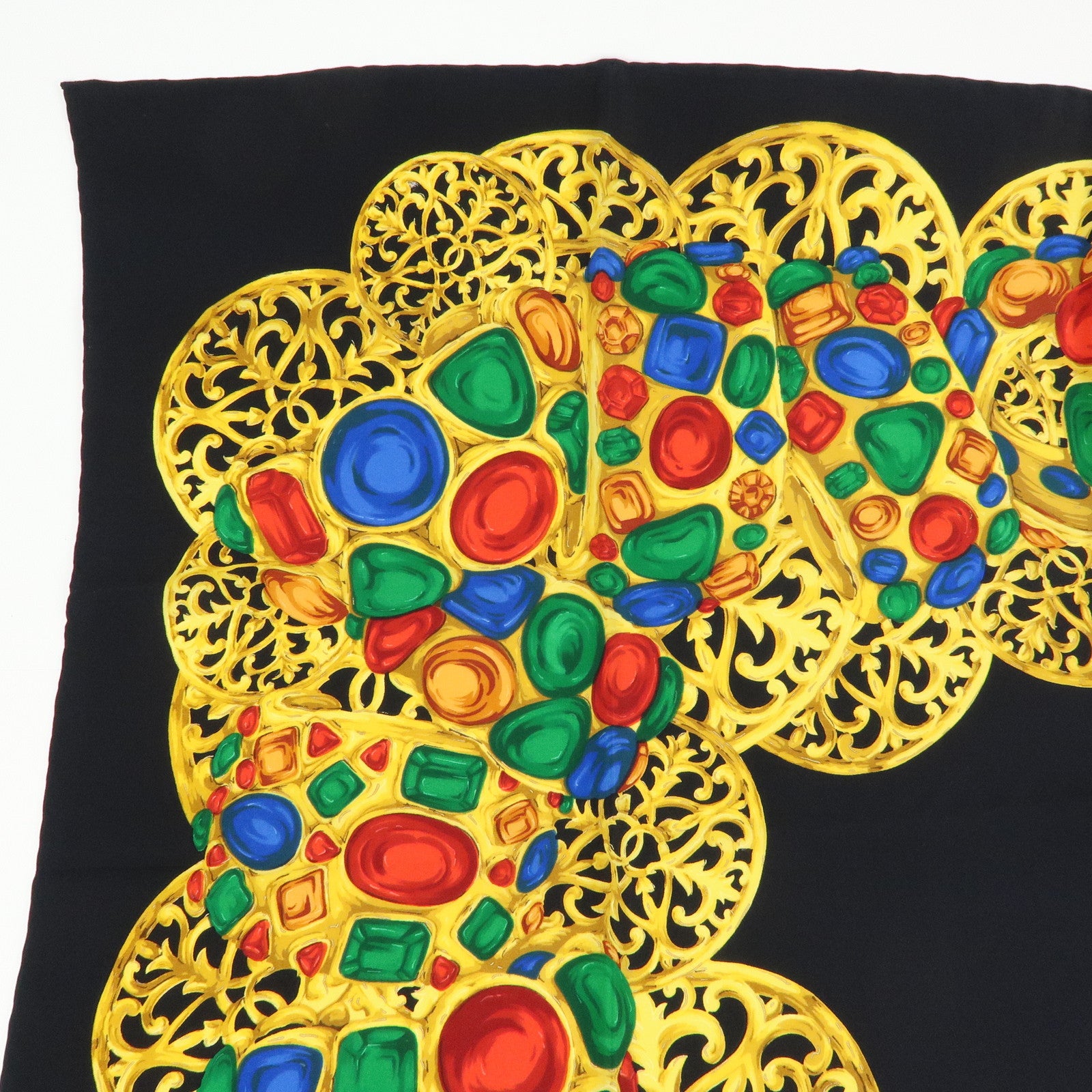 CHANEL Jewelry Motif Silk 100% Scarf Black Yellow Multicolor