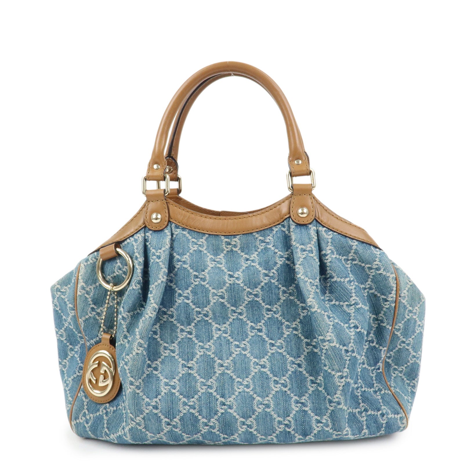 GUCCI Sukey GG Denim Leather Tote Bag Hand Bag Blue Brown 211944