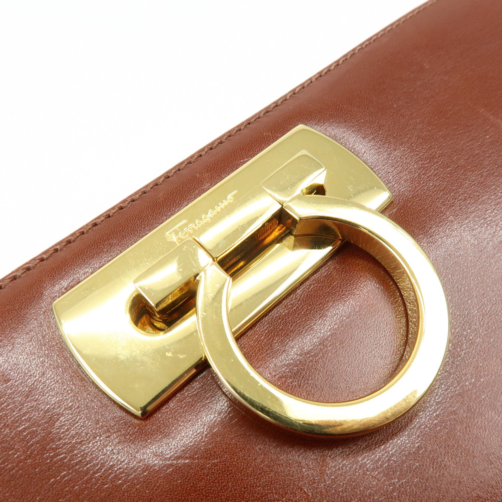 Ferragamo Gancini Calf Skin Leather Chain Shoulder Bag Brown