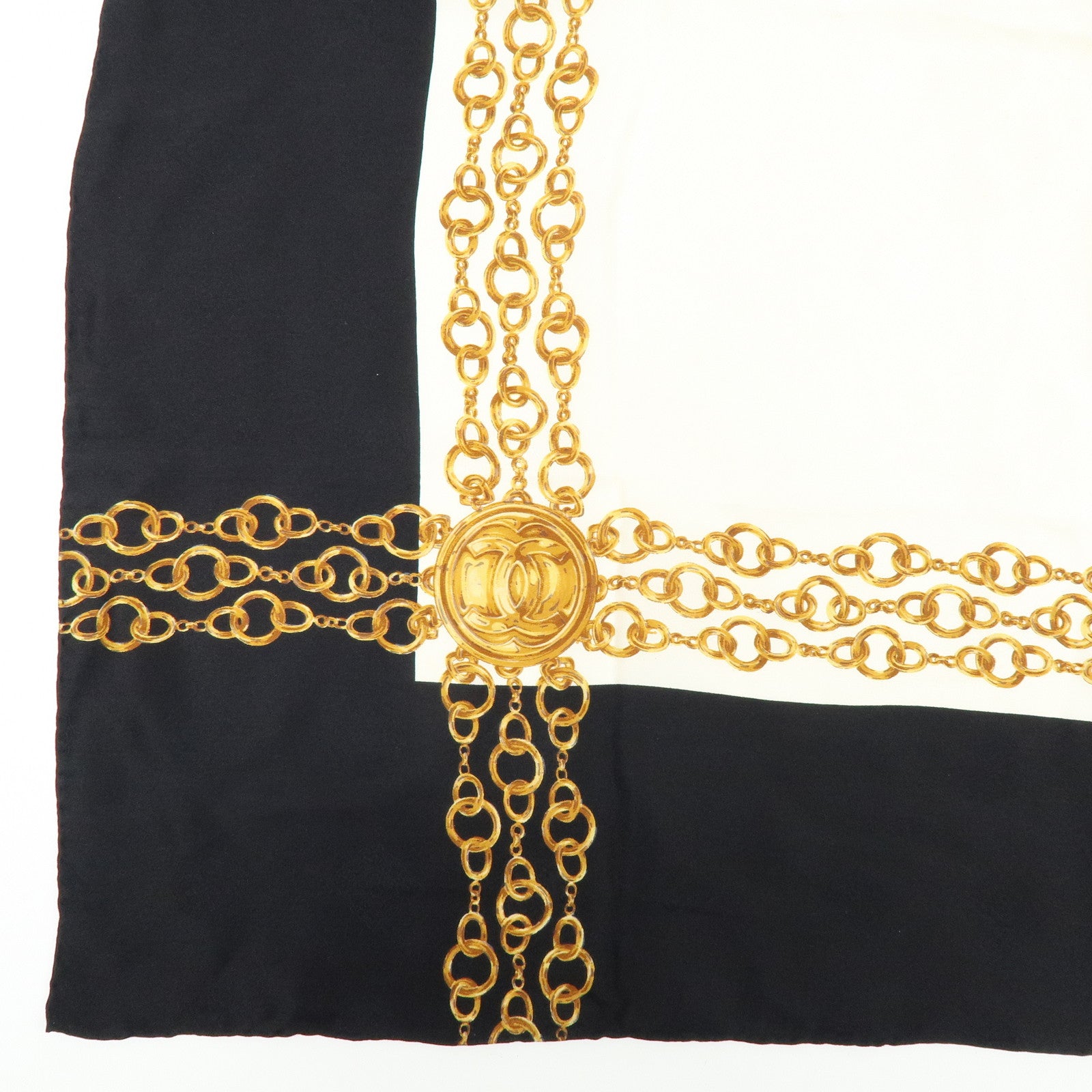 CHANEL Silk 100% Scarf Gold Chain Motif Black White