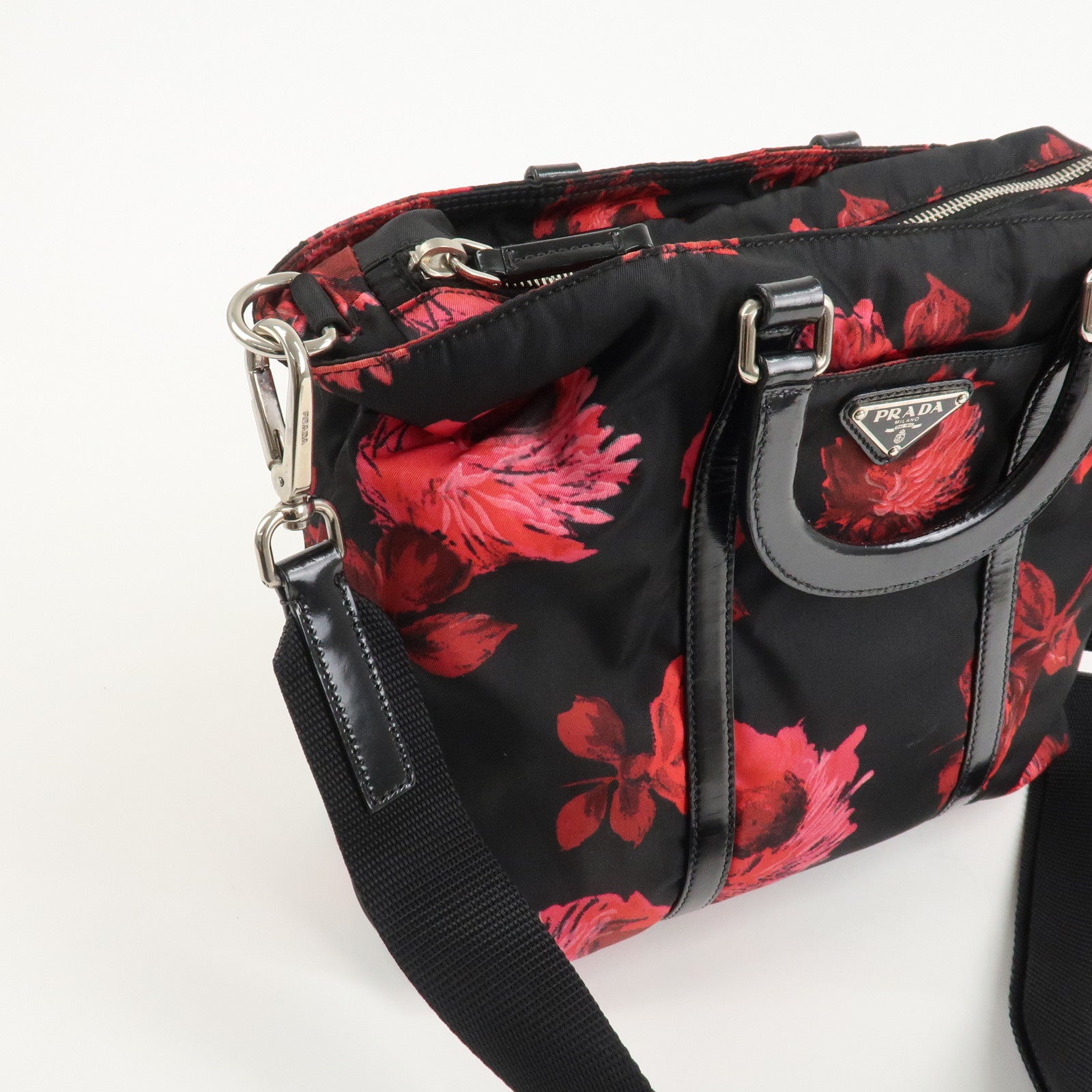 PRADA Triangle Logo Nylon Patent Leather 2Way Bag Flower BN1066 Used
