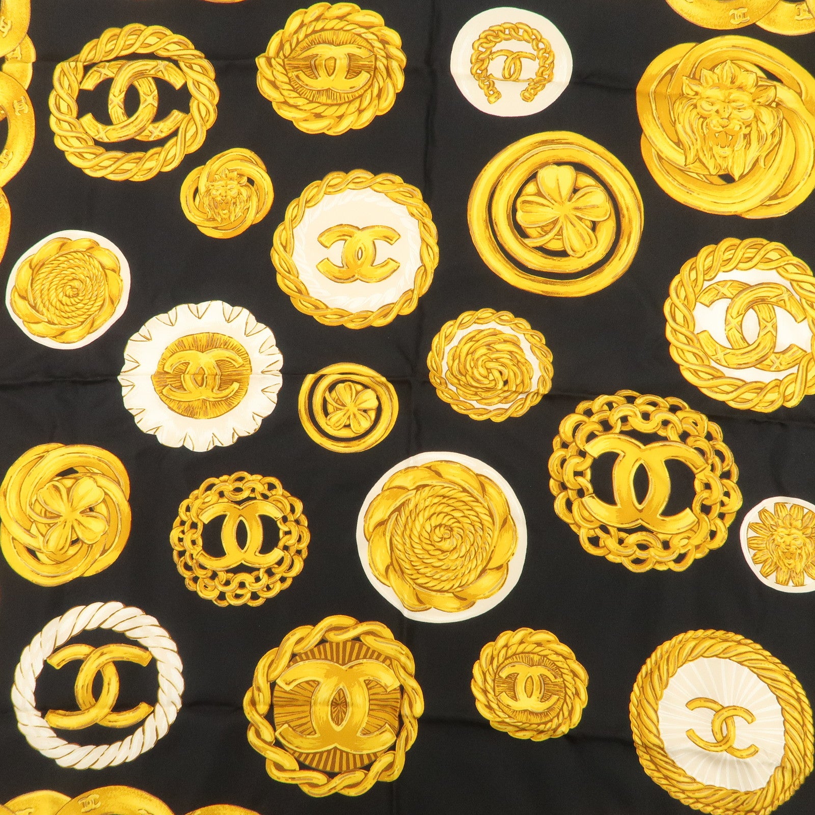 CHANEL COCO Mark Silk 100% Scarf Chain Pattern Black Gold Used