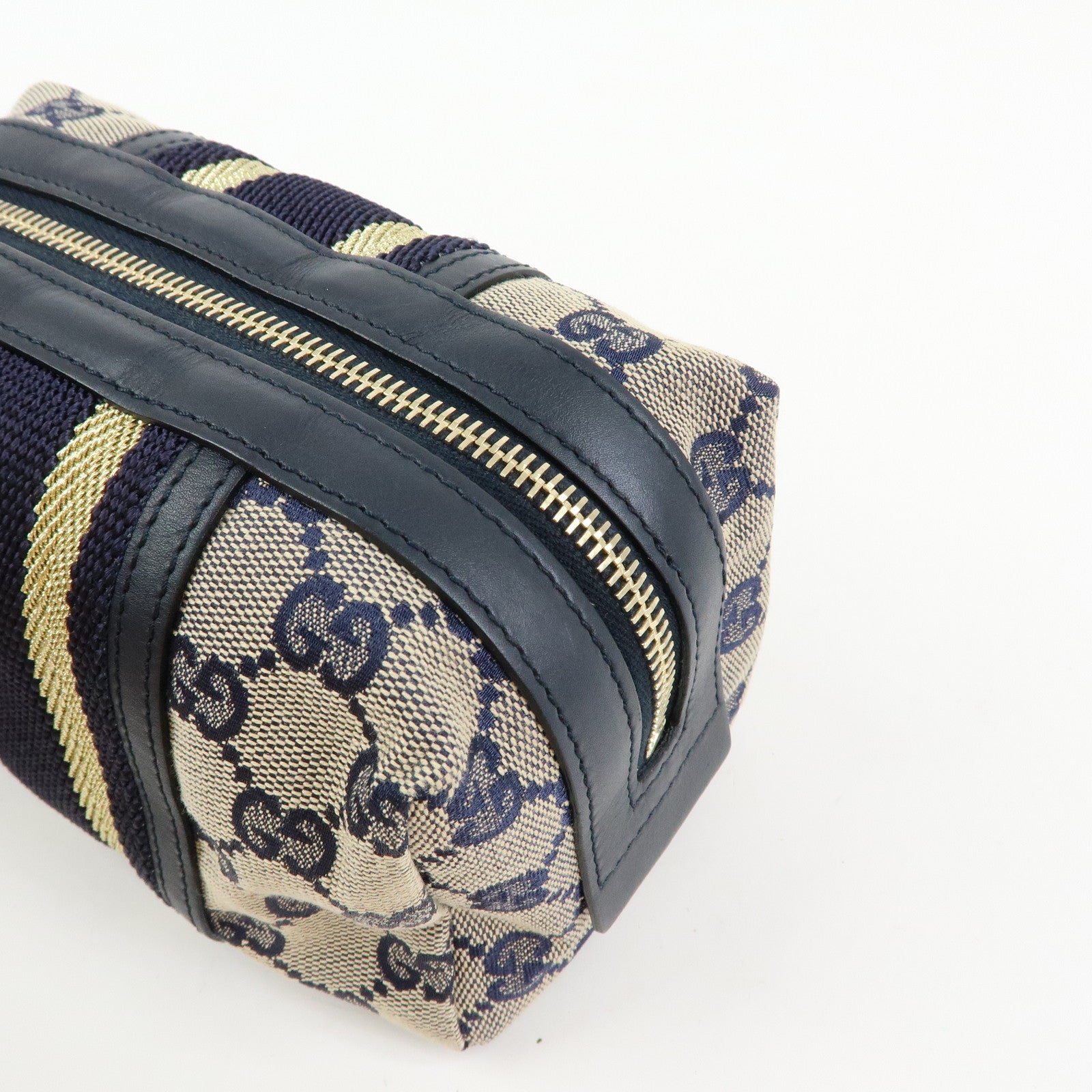 GUCCI Sherry GG Canvas Leather Cosmetic Pouch Navy 256636