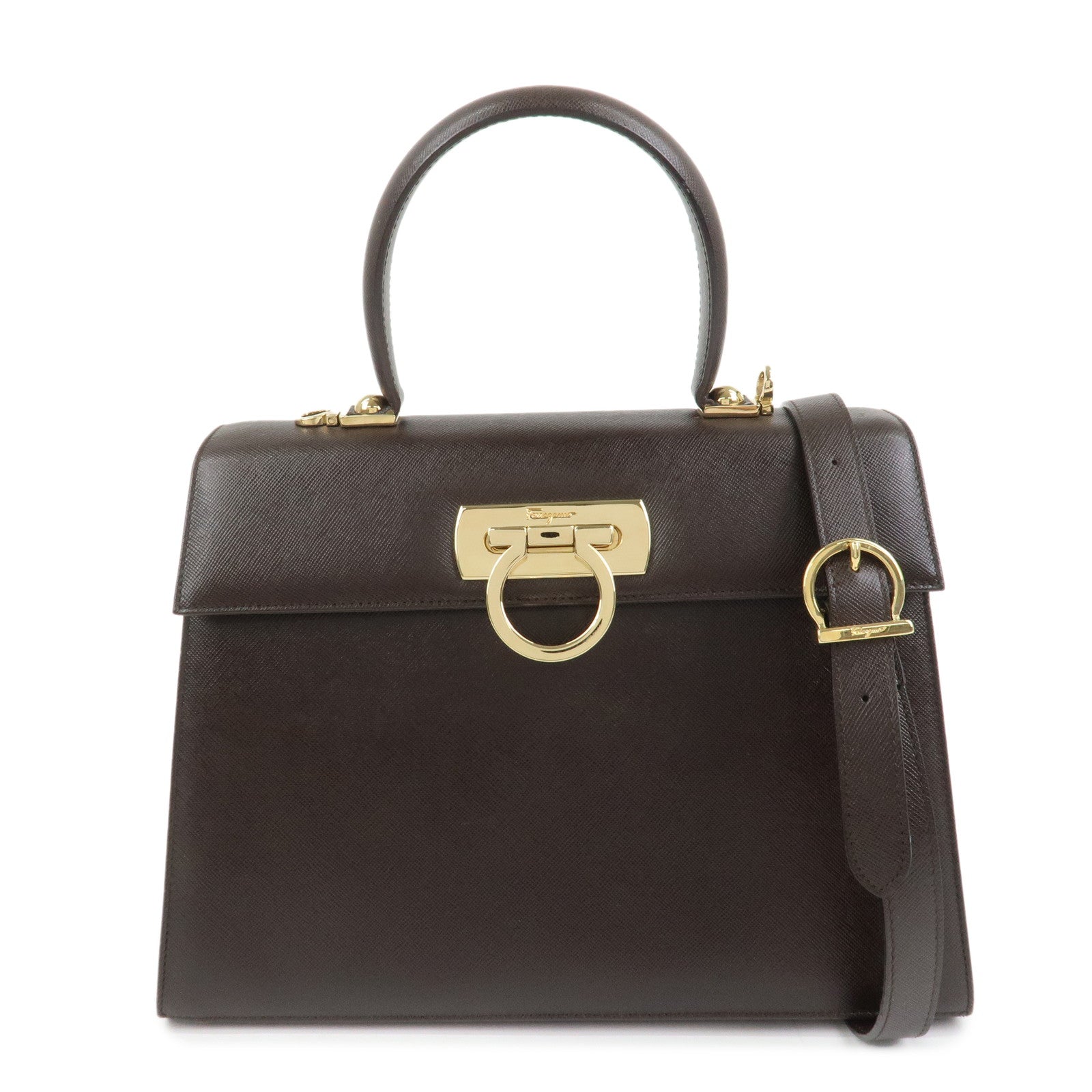 Ferragamo Gancini Leather 2Way Bag Hand Bag Shoulder Bag Dark Brown