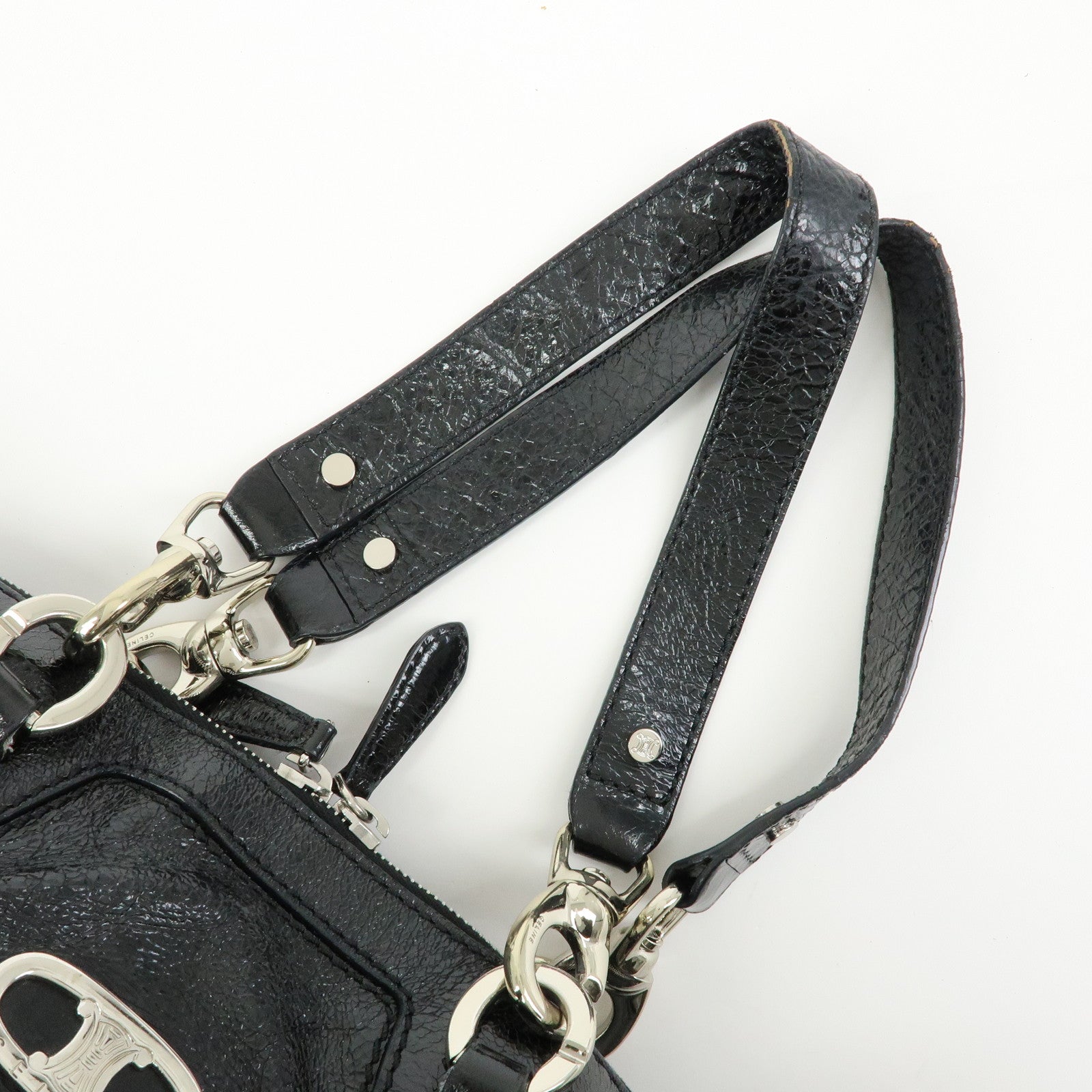 CELINE Patent Leather Macadam Stamped Boston Bag Hand Bag Black