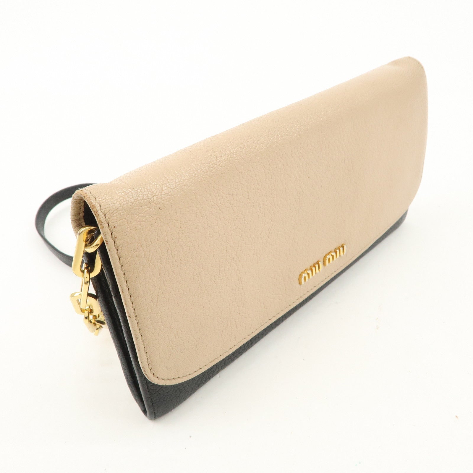 MIU MIU MADRAS Leather Chain Shoulder Wallet WOC Beige Black 5M1290