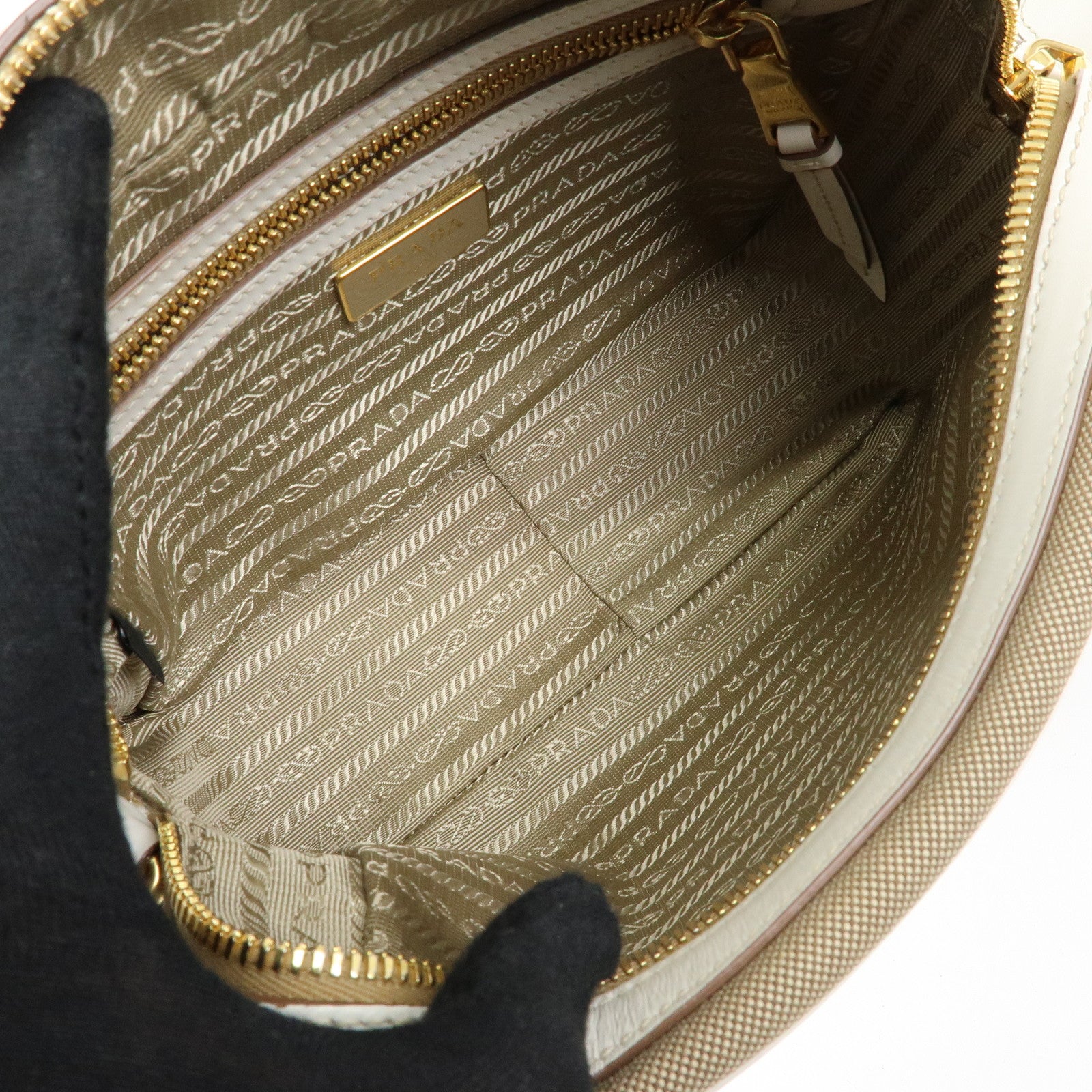 PRADA Logo Jacquard Leather Shoulder Bag Beige White 1BH089