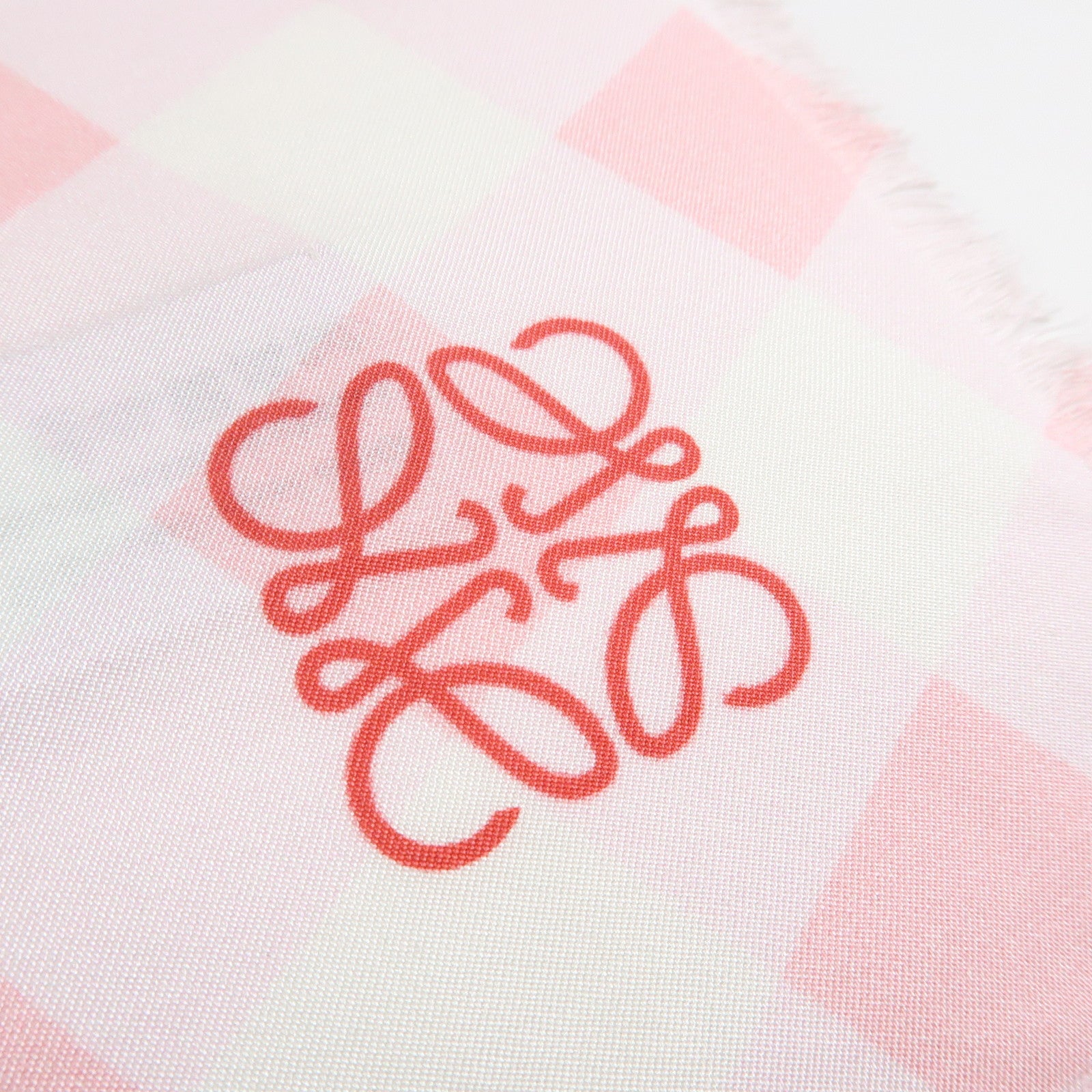 LOEWE Anagram Silk 100% Scarf Gingham Check Pink Beige