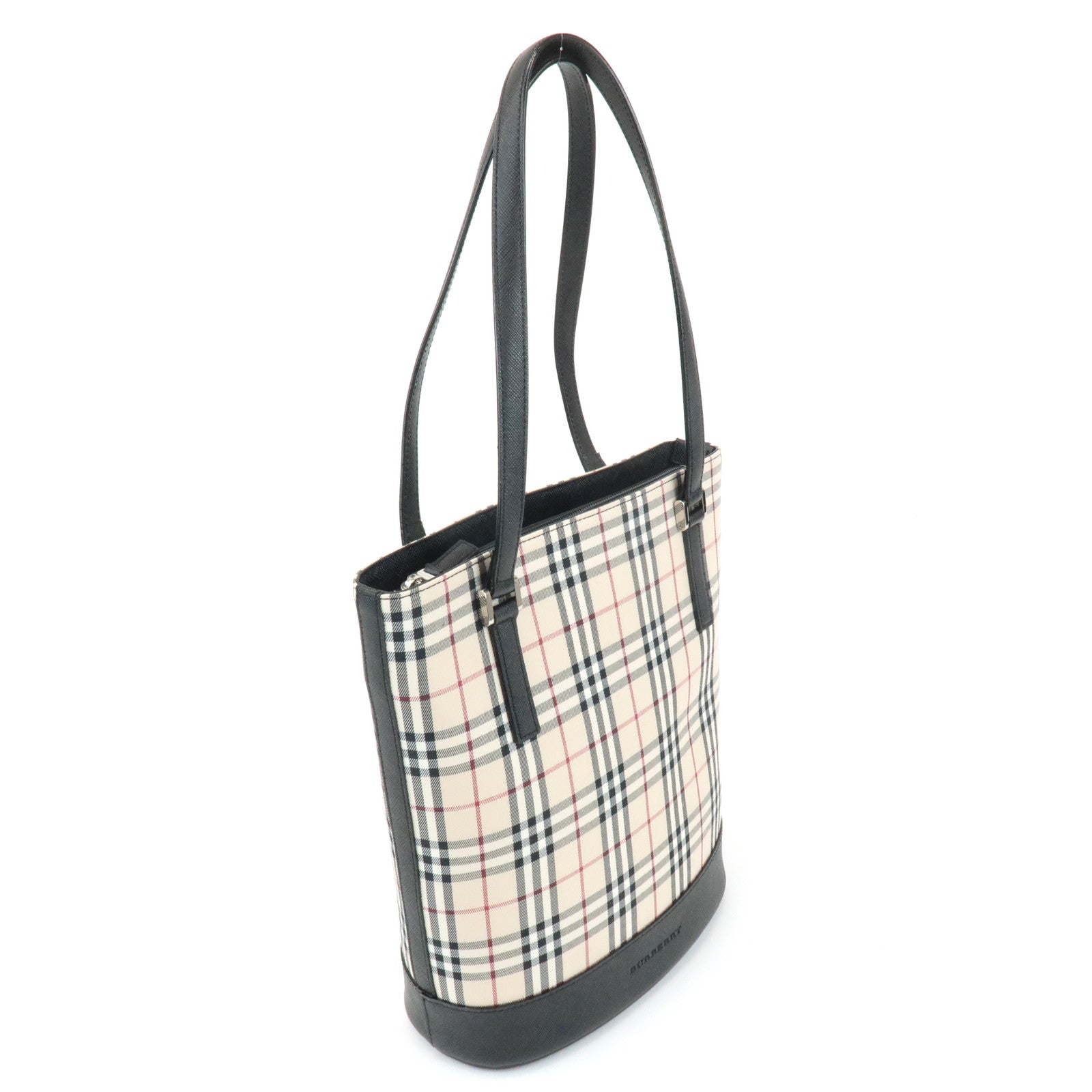 BURBERRY Nova Plaid Canvas Leather Tote Bag Shoulder Bag Black Used