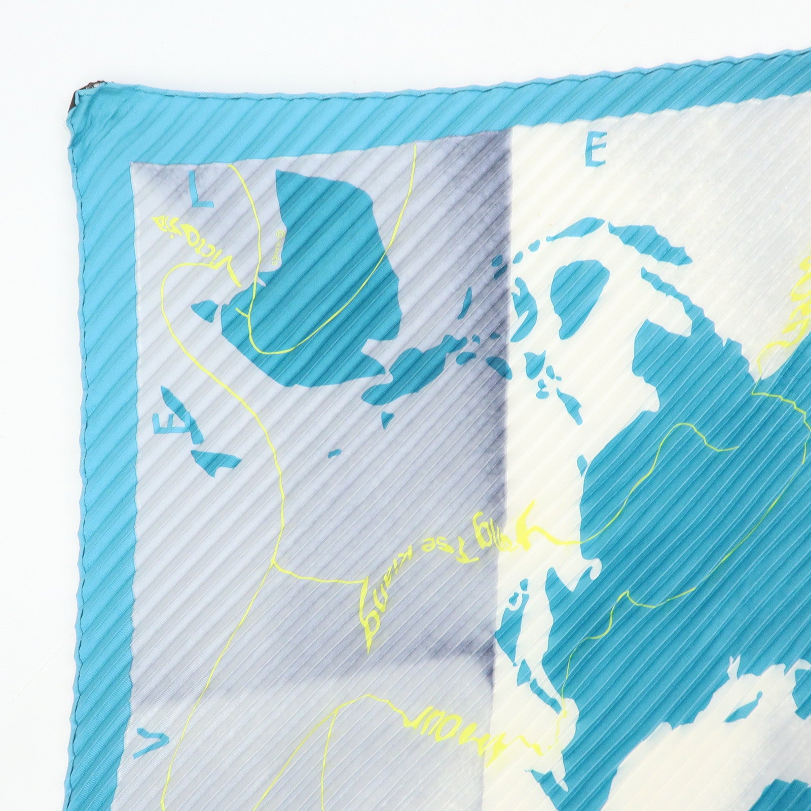 HERMES Pleated Carre 90 Silk 100% Scarf World Map Blue Ivory