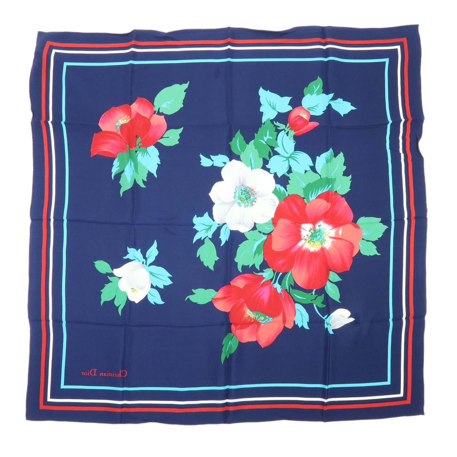 Christian Dior Silk 100% Scarf Flower Motif Navy Multicolor