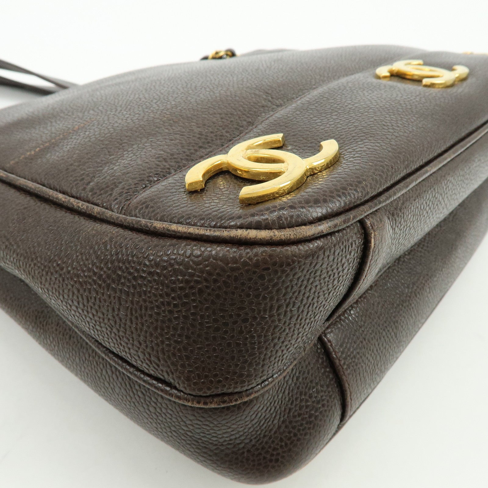 CHANEL Triple COCO Mark Caviarskin Chain Shoulder Bag Brown