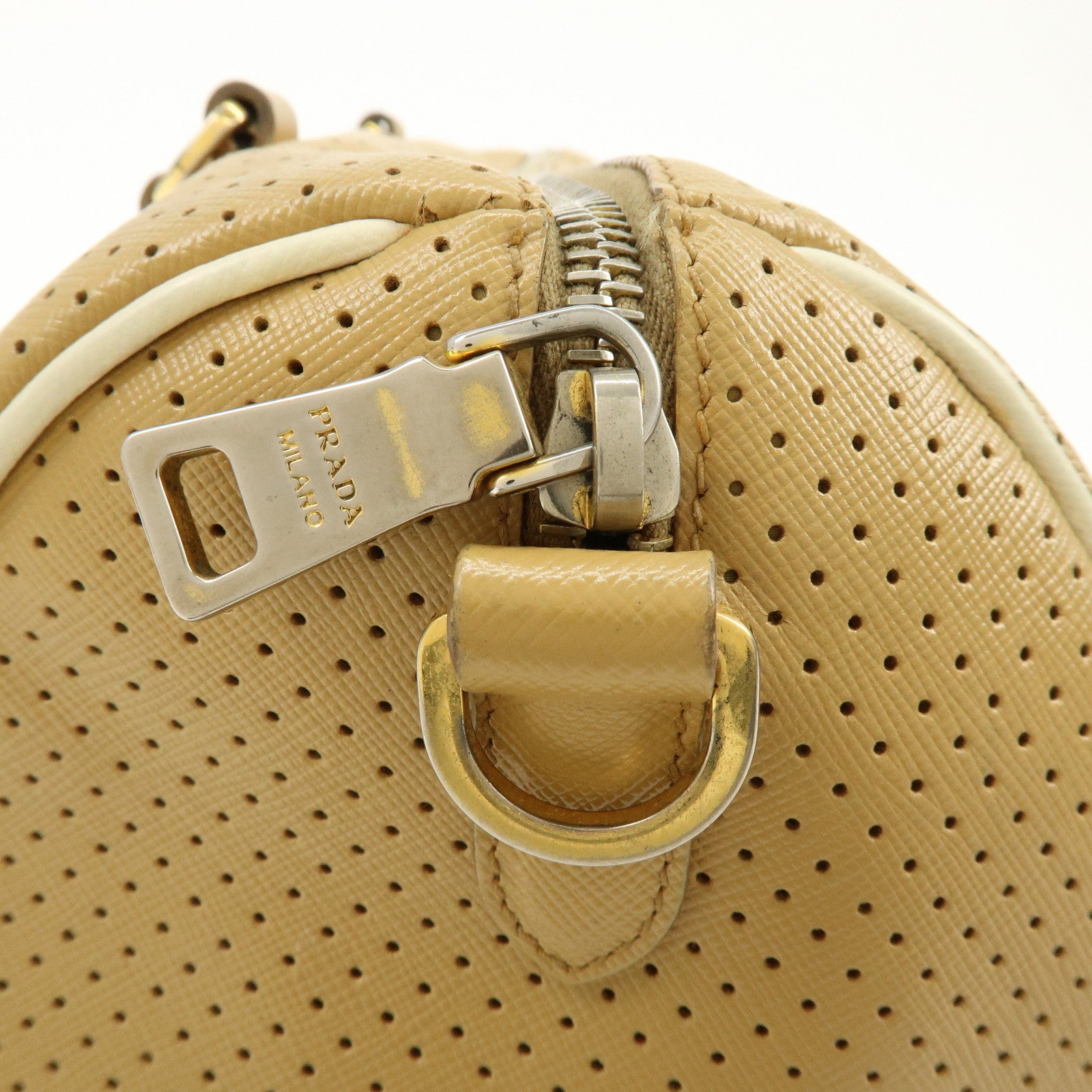 PRADA Triangle Logo Saffiano Leather Punched Boston Bag Beige