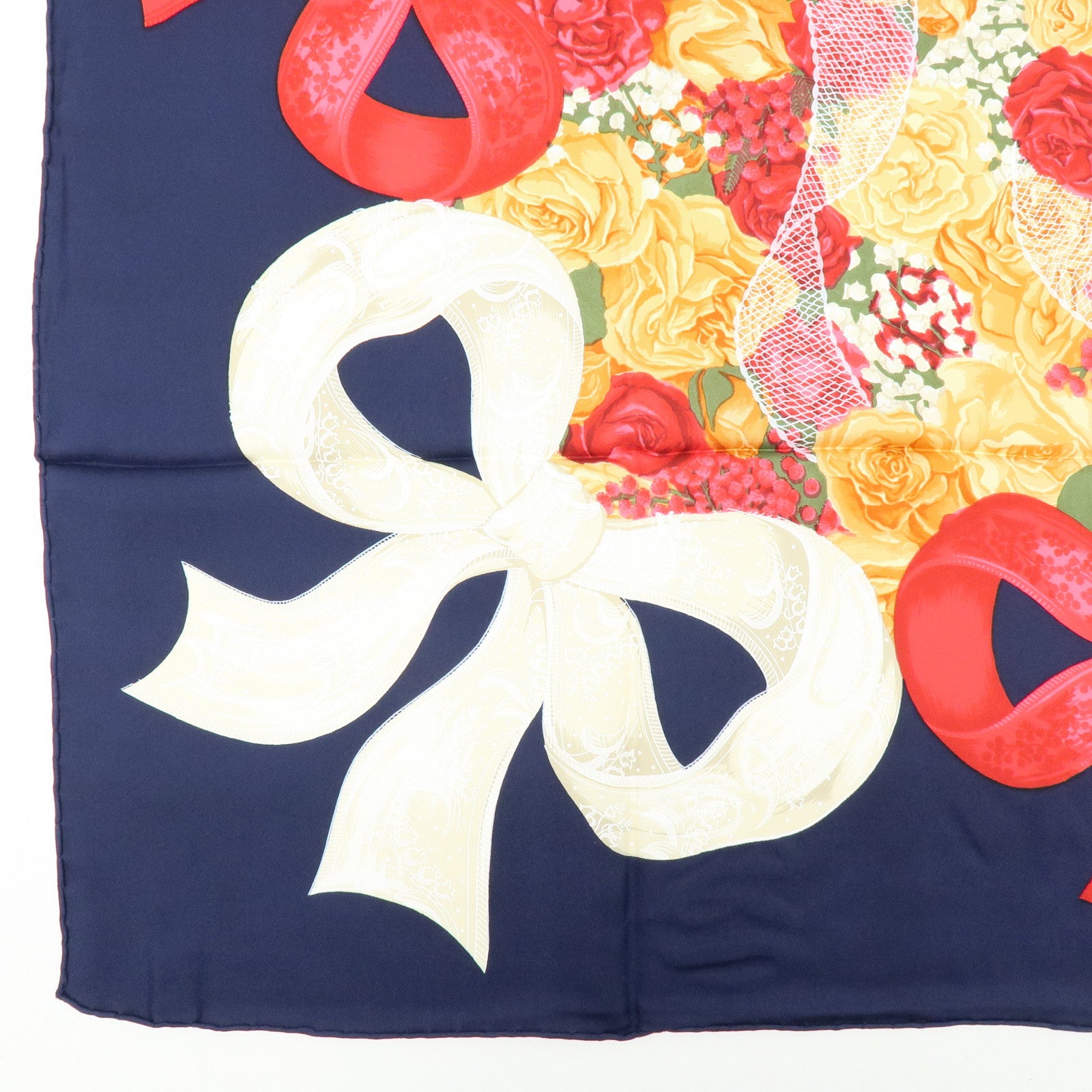 Christian Dior Silk 100% Scarf Flowers Motif Navy Red Orange