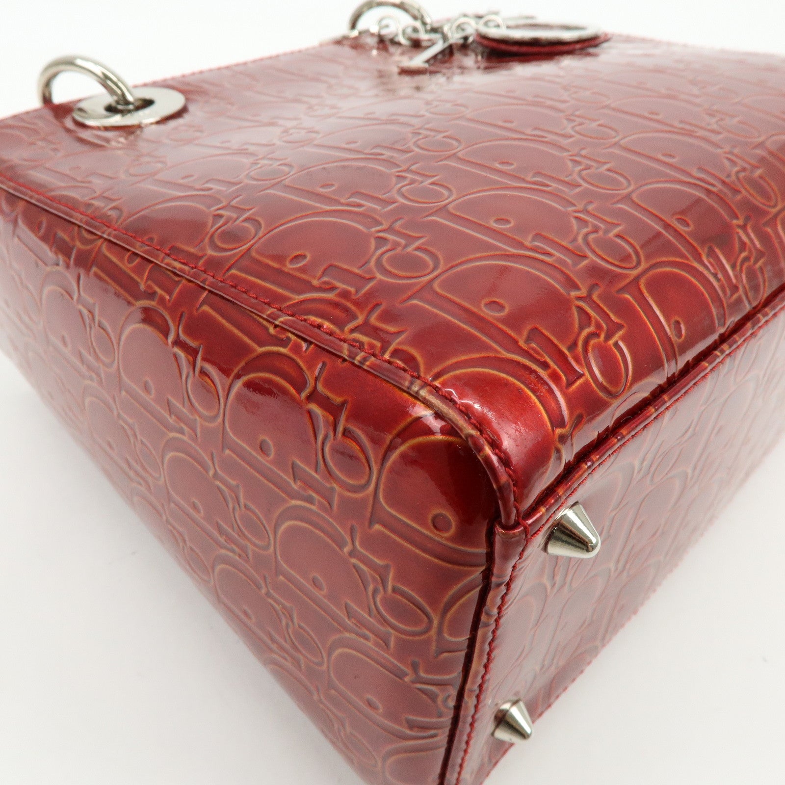 Christian Dior Lady Dior Patent Leather Hand Bag Dior Logo Red