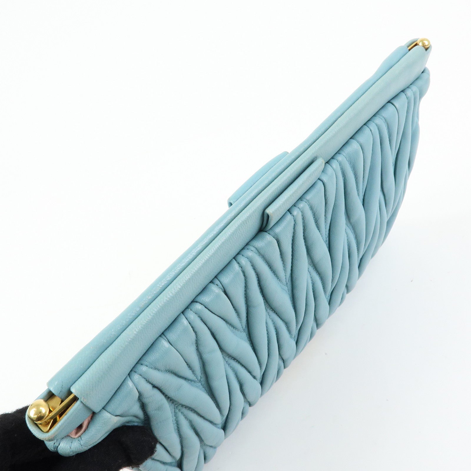 MIU MIU Logo Matelasse Nappa Leather Clutch Bag Light Blue 5N1573