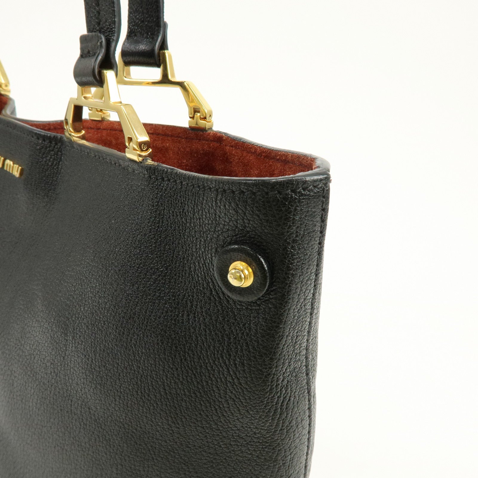 MIU MIU Logo Leather Tote Bag Hand Bag Black Gold 5BG025