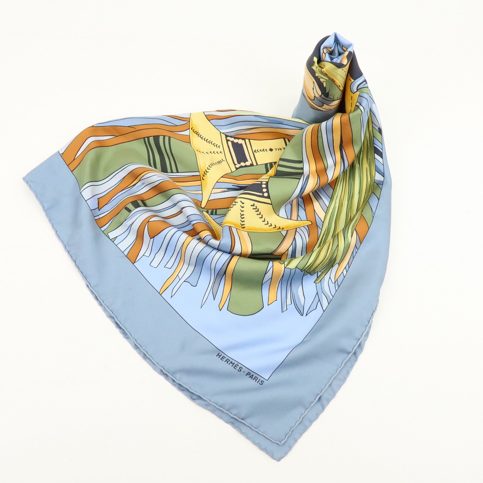 HERMES Carre 90 Silk 100% CUIRS DU DESERT Scarf Light Blue