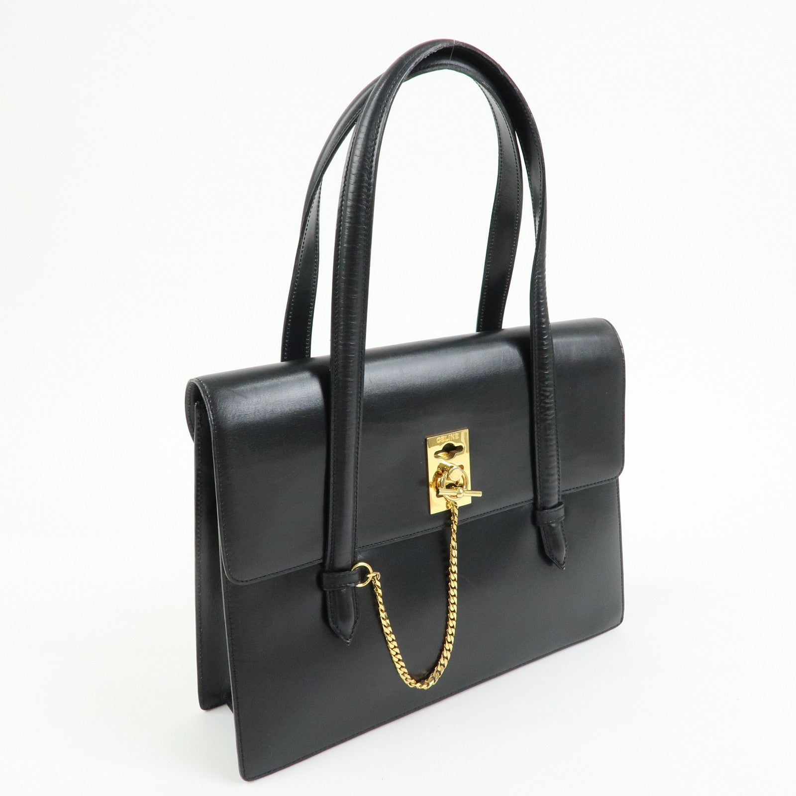 CELINE Leather Chain Lock Tote Bag Shoulder Bag Hand Bag Black