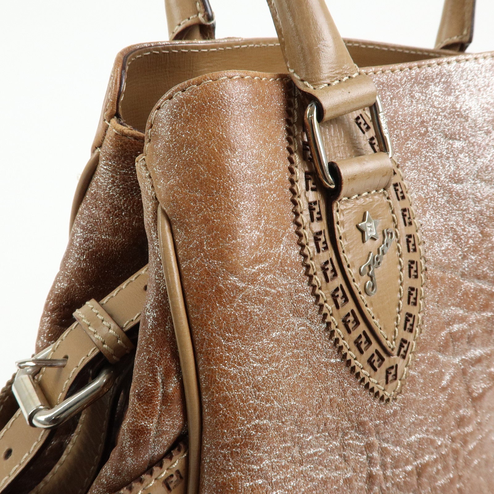 FENDI Ethnico Leather Tote Bag Shoulder Bag Camel 8BN162