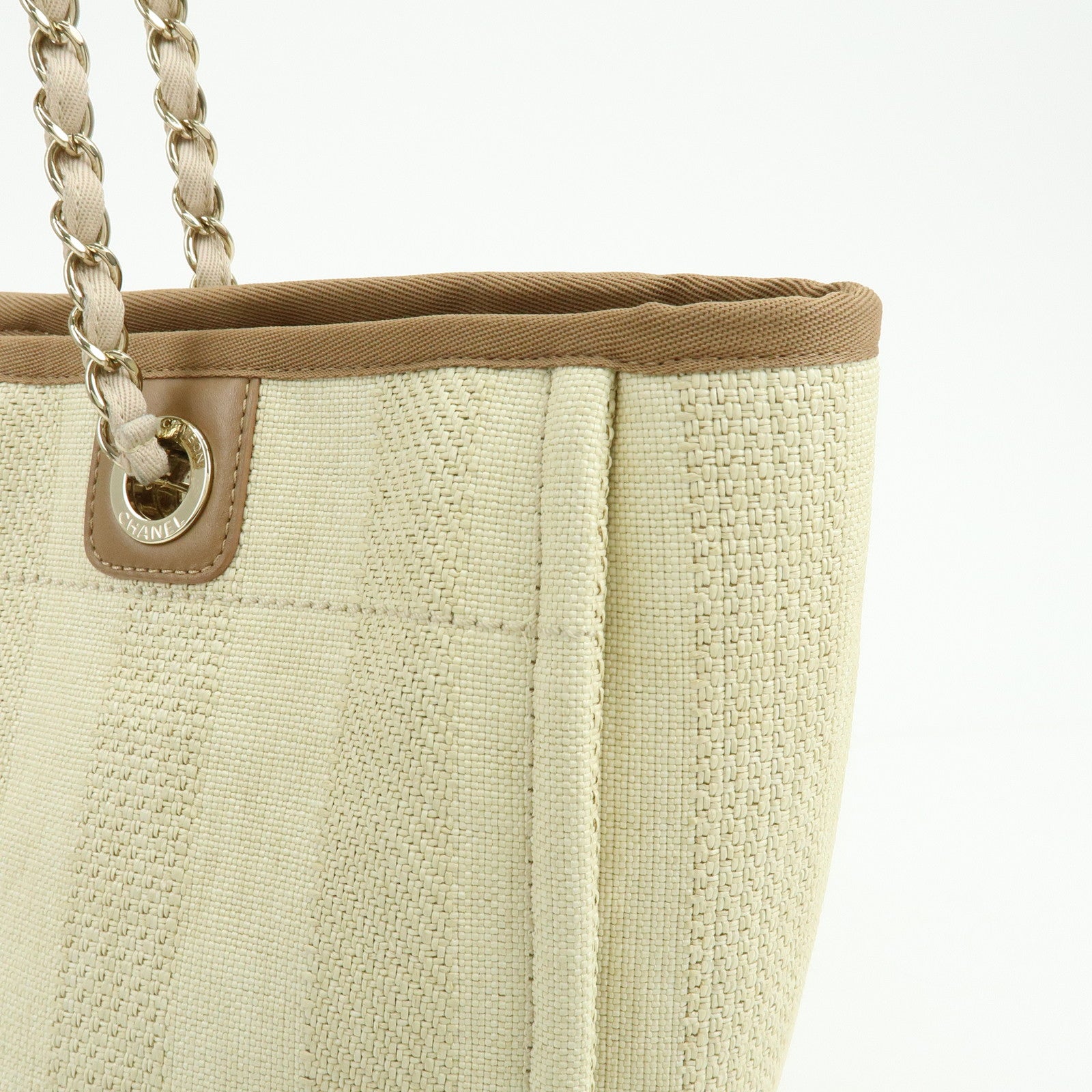 CHANEL Deauville MM Straw Leather Tote Shoulder Bag Beige A67001
