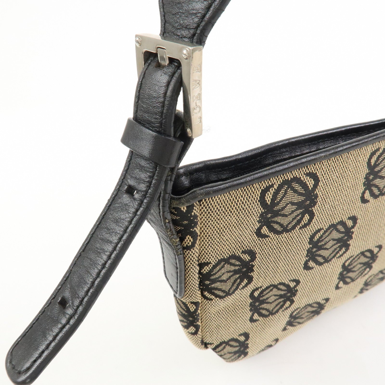 LOEWE Anagram Logo Canvas Leather Shoulder Bag Hand Bag Beige Black