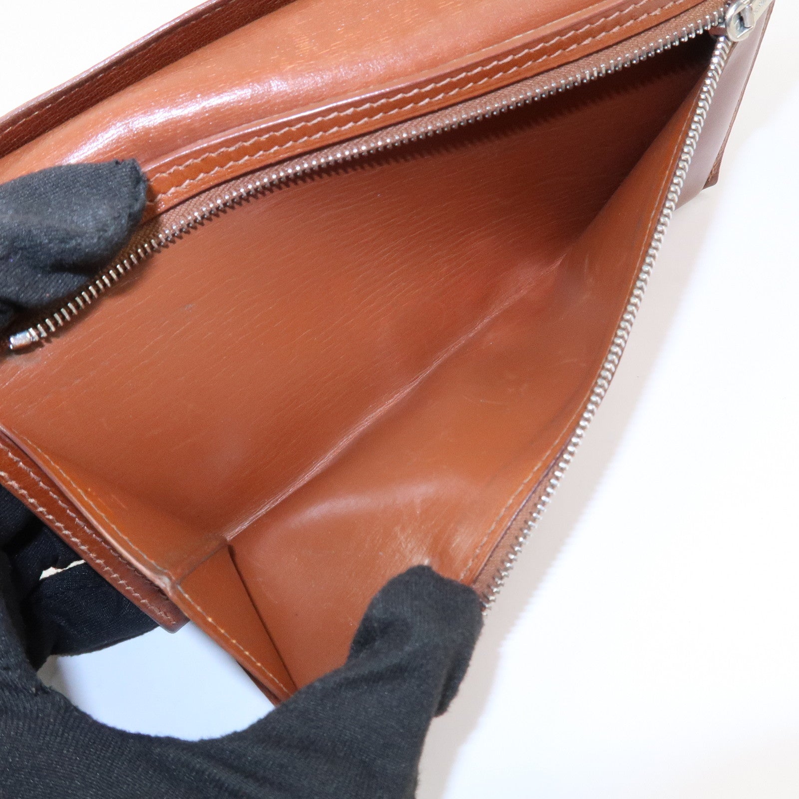 HERMES Bearn Leather Bi-fold Long Wallet F Stamped Brown