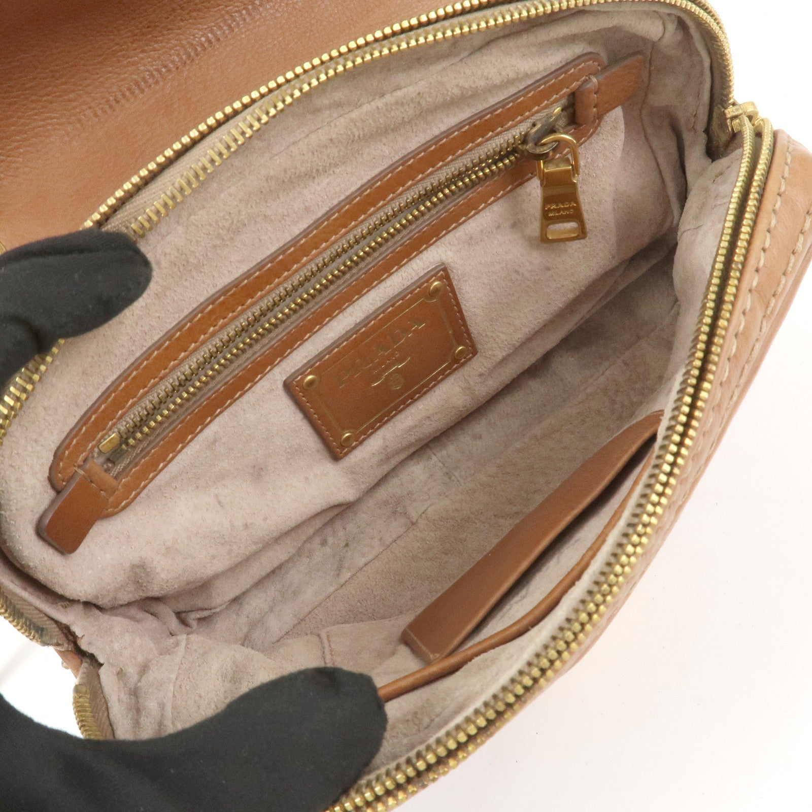 PRADA Logo Leather Chain Shoulder Bag Crossbody Bag Camel